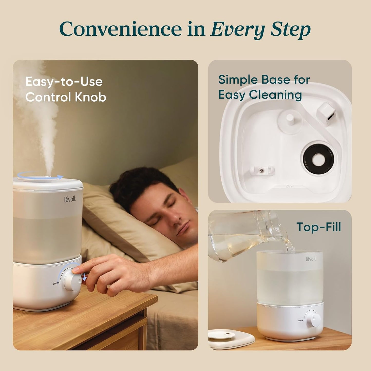 LEVOIT Top Fill Humidifiers for Bedroom, 2.5L Tank for Large Room, Easy to Fill & Clean, 28dB Quiet Cool Mist Air Humidifier for Home Baby Nursery & Plants, Auto Shut-off for Safety, 25H