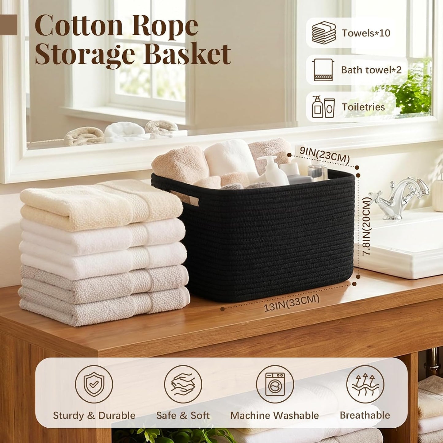 OIASKET 4Packs Natural Cotton Rope Storage Baskets for Organizing Toys, Clothes, Towels & Books, Soft Versatile Organizers for Shelves, Home Decorative Bins, 13''Lx9''Wx7.8''H, Black