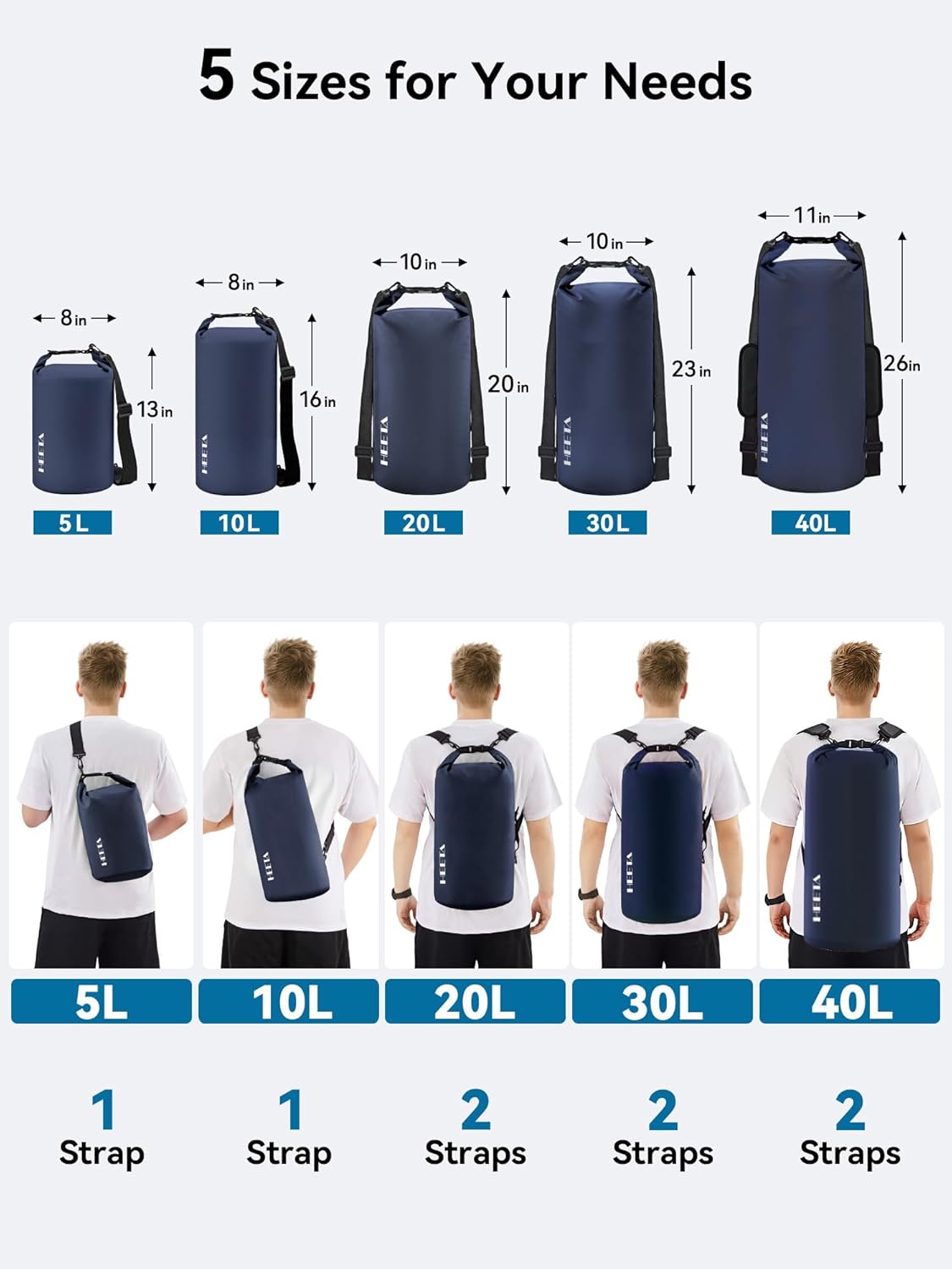 HEETA Waterproof Dry Bag for Women Men, 5L/10L/20L/30L/40L Roll Top Lightweight Dry Storage Bag Backpack with Emergency Whistle for Travel, Kayaking, Boating, Camping, Beach, Cruise Ship Essentials