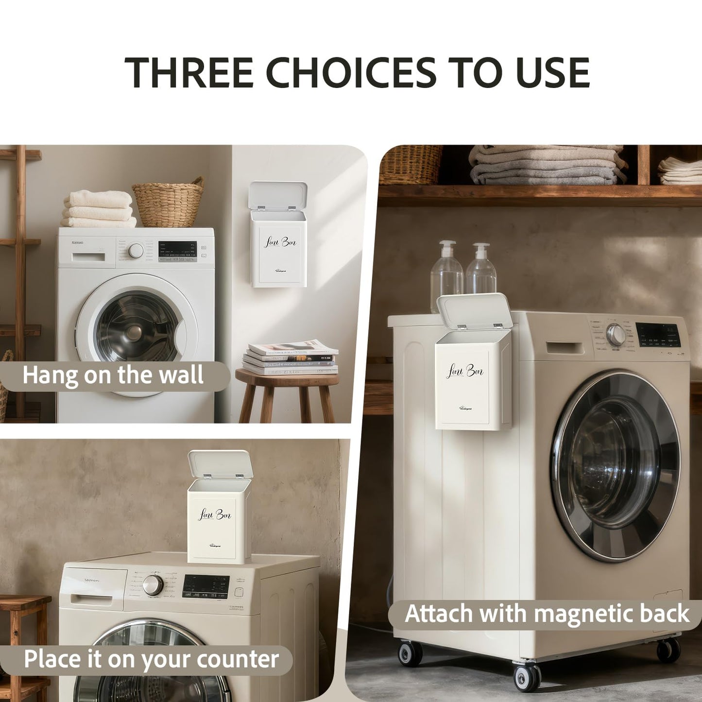 Sealegend Magnetic Lint Bin for Laundry Room with Dryer Lint Brush, Wall Mounted Metal Trash Can with Lid for Dryer, Space-Saving Laundry Organization and Storage, White