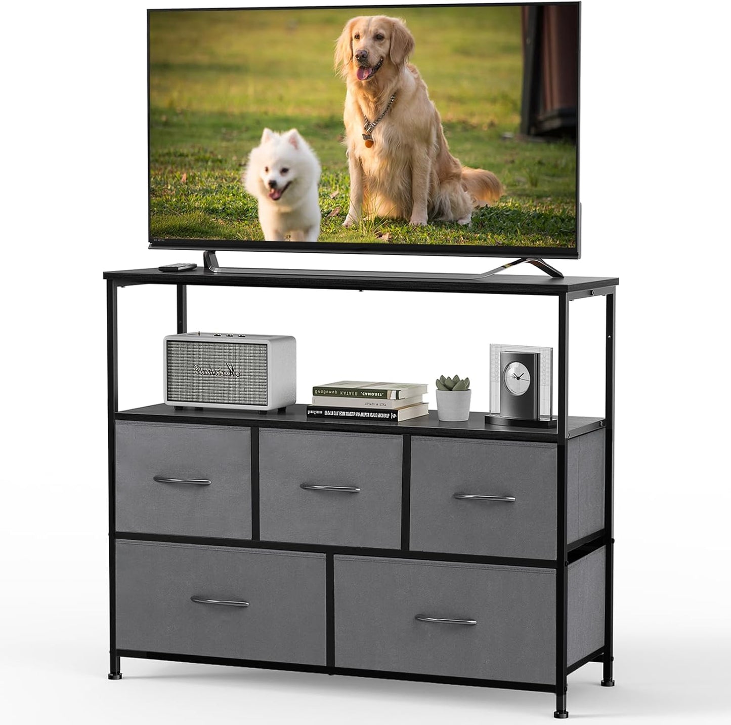 DUMOS TV Stand, Dresser with 5 Fabric Storage Drawers, Media Console Featuring Open Shelf for TV, Compact Entertainment Unit for Bedroom, Living Space, or Dorm Organization, Grey