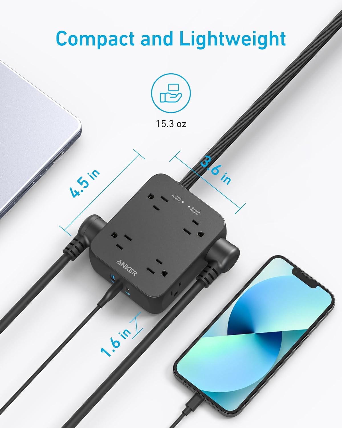 Anker Power Strip with 2000J Surge Protector, Flat Plug Extension Cord with Multiple Outlets, 8 AC, 2 USB A & 1 USB C Port for 20W, 5ft Outlet Extender, Dorm Room Essentials, Home Office, TUV Listed
