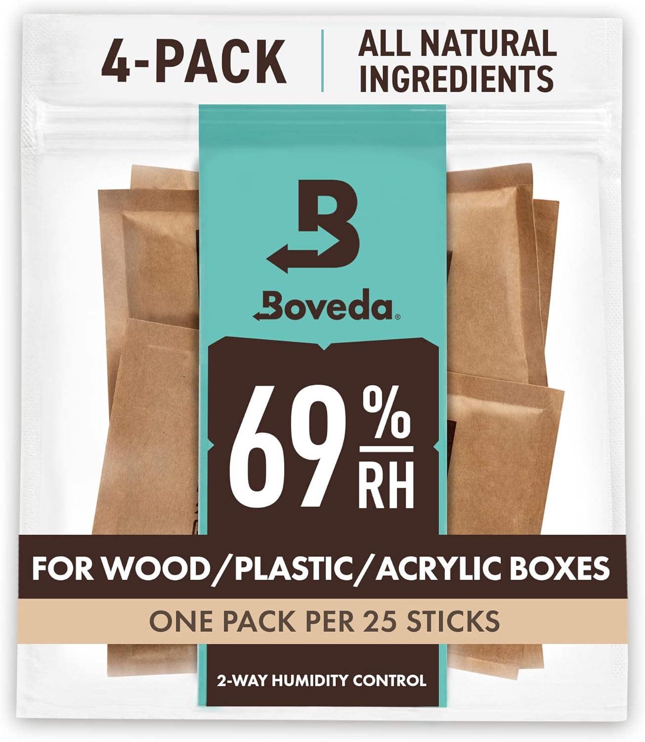Boveda for Cigars/Tobacco | 69% RH Humidity Control Packs | Size Large for Use with Up to 25-100 Cigars | Patented Technology For Cigar Humidors | 4-count Resealable Bag