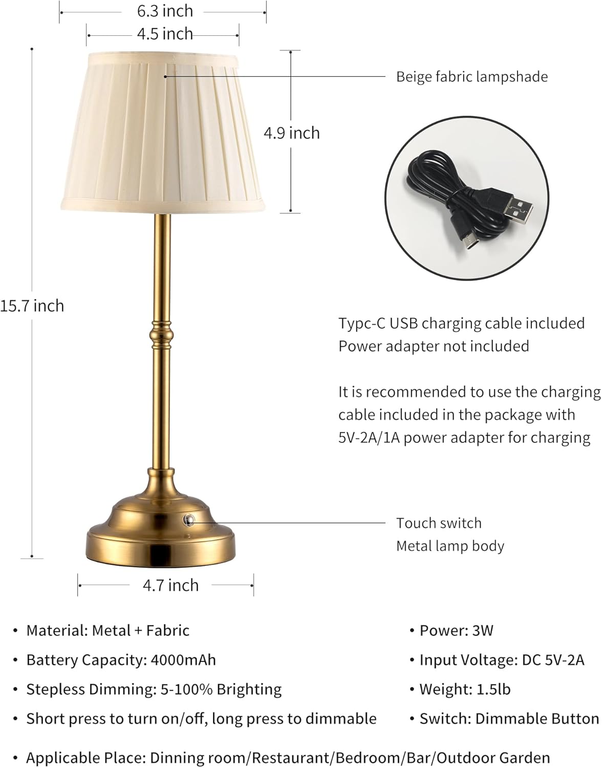 KDG Portables Cordless Table Lamp, Fabric Shade Desk Lamp, 4000mAh Rechargeable Battery Powered Lighting, Dimmable Light for Dining Room, Bedroom, Bedside, Bar, Night Light, Camping, Balcony (Gold)