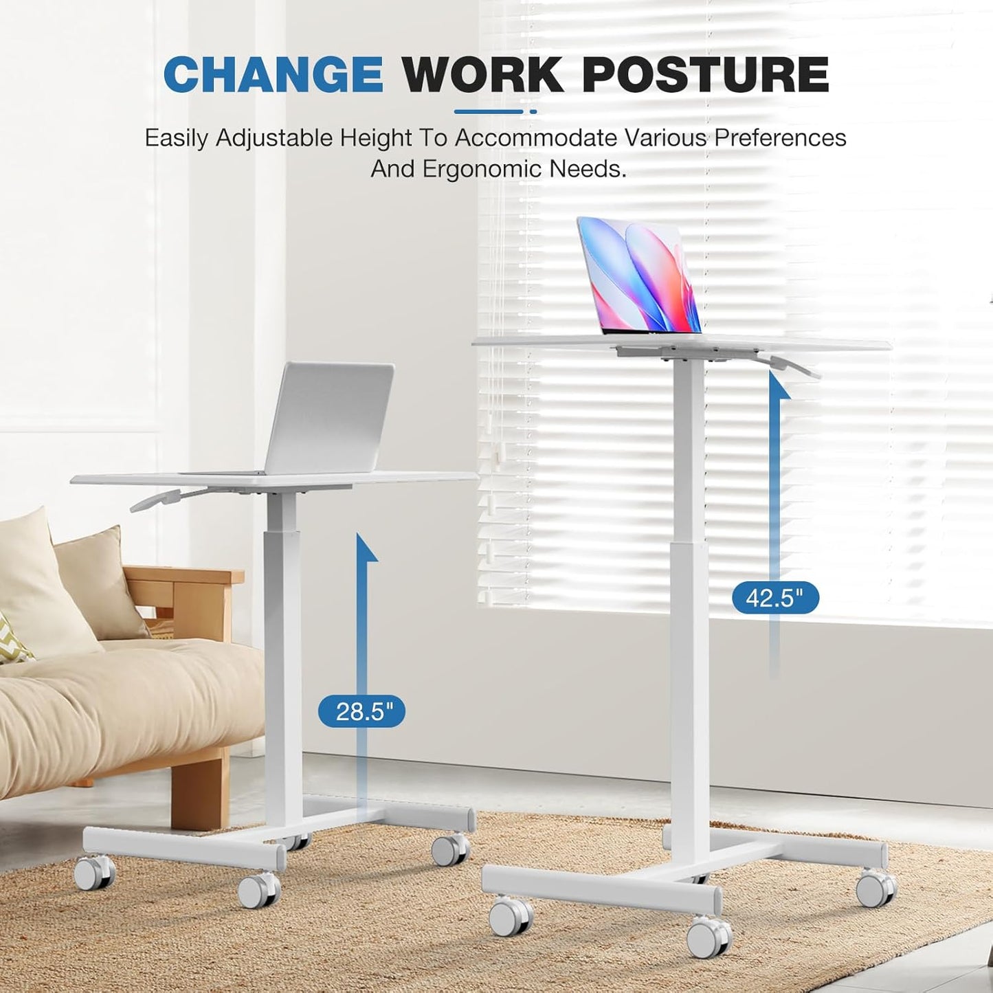 OLIXIS Mobile Rolling Desk with Wheels Small Standing Laptop Desks Portable Pneumatic Adjustable Height Sit Stand Table Computer Workstation for Home Office White