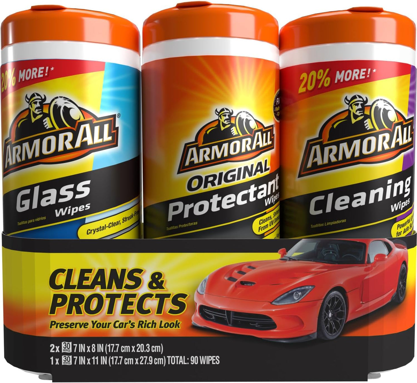 Armor All Car Interior Value Pack, 90 Count, Includes Auto Glass Cleaner, Cleaning Wipes and Protectant Wipes