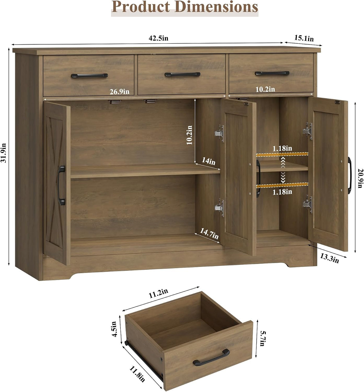 HOSTACK Kitchen Buffet Cabinet with Storage, Sideboard Coffee Bar, Brown | Farmhouse Kitchen Storage Cabinet with 3 Drawers & Adjustable Shelf, 42.5"W Buffet Table for Dining Living Room
