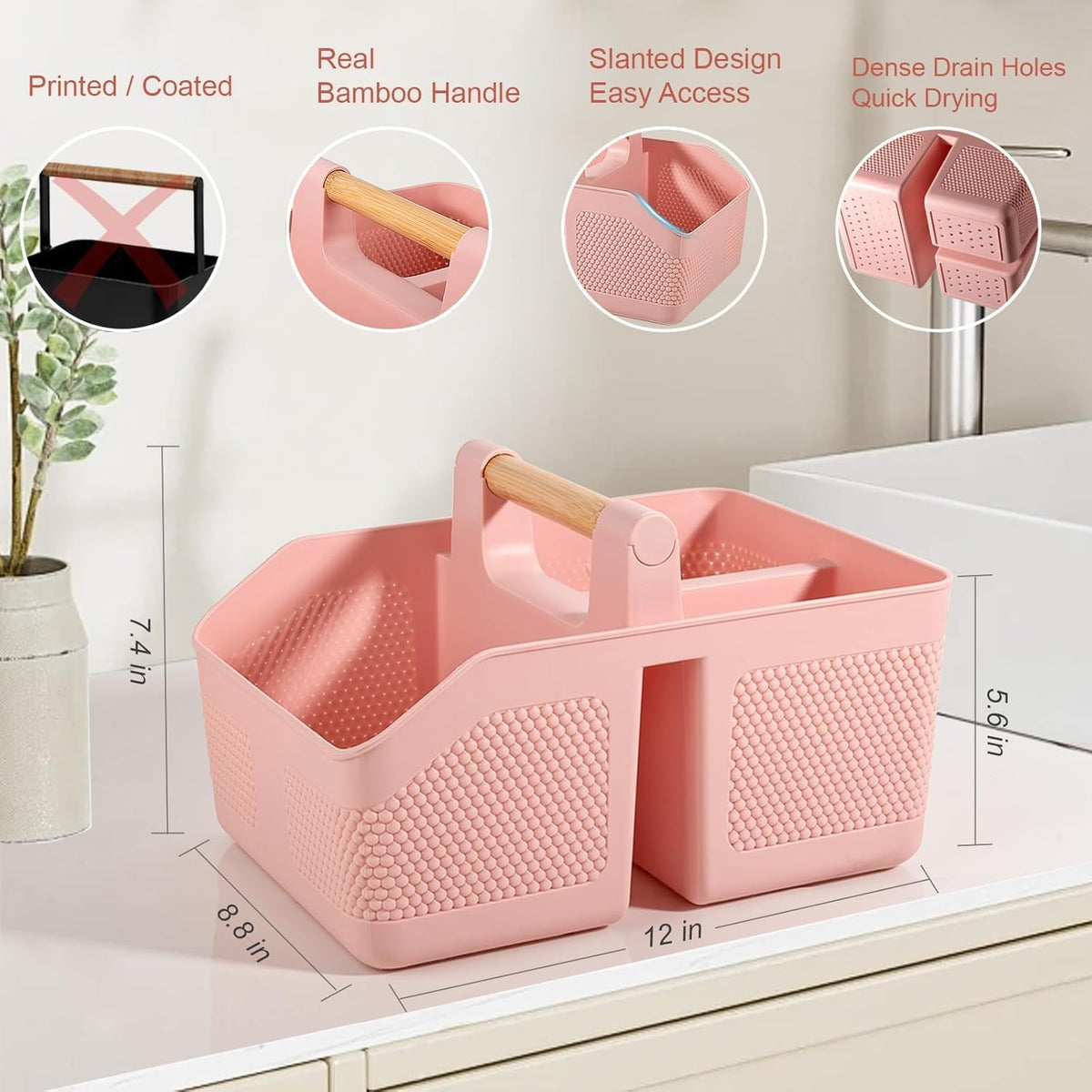 rejomiik Shower Caddy Portable with Bamboo Handle, Plastic Basket Cleaning Caddy Organizer Storage Tote for Bathroom, College, Dorm Room Essentials, Pink