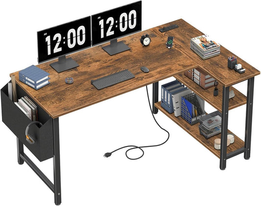 Lufeiya L Shaped Computer Desk with Power Outlet Shelves, 47 Inch Corner Desk for Home Office Bedroom, L-Shaped Study Writing Working PC Desks, Rustic Brown