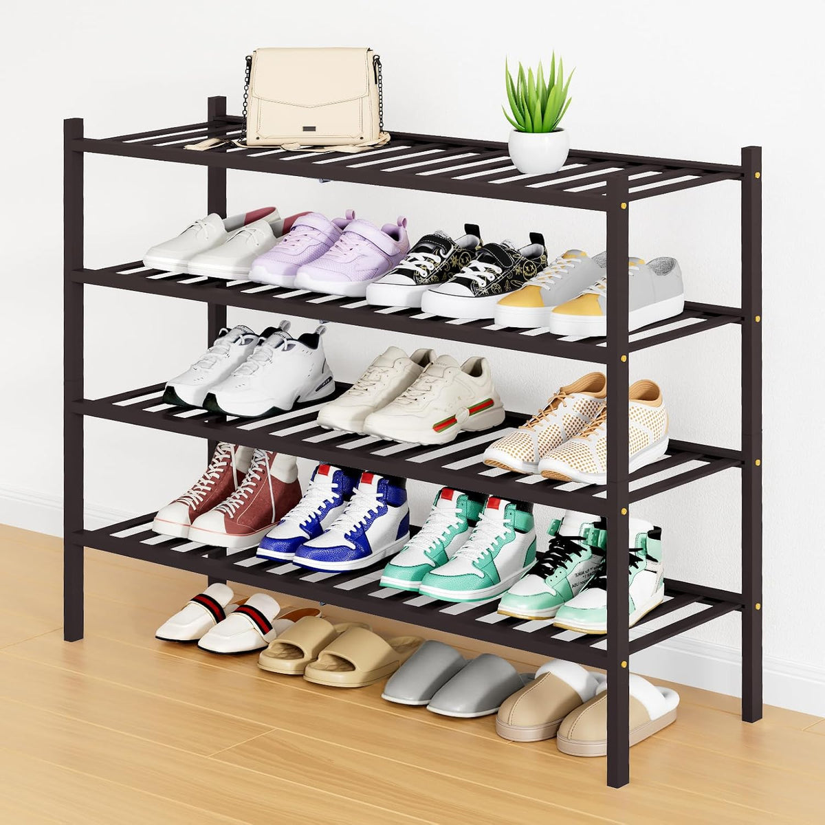 Smiry Bamboo Shoe Rack, 16 Vertical Slats, 4 Tier - 33.7" Wide, Brown