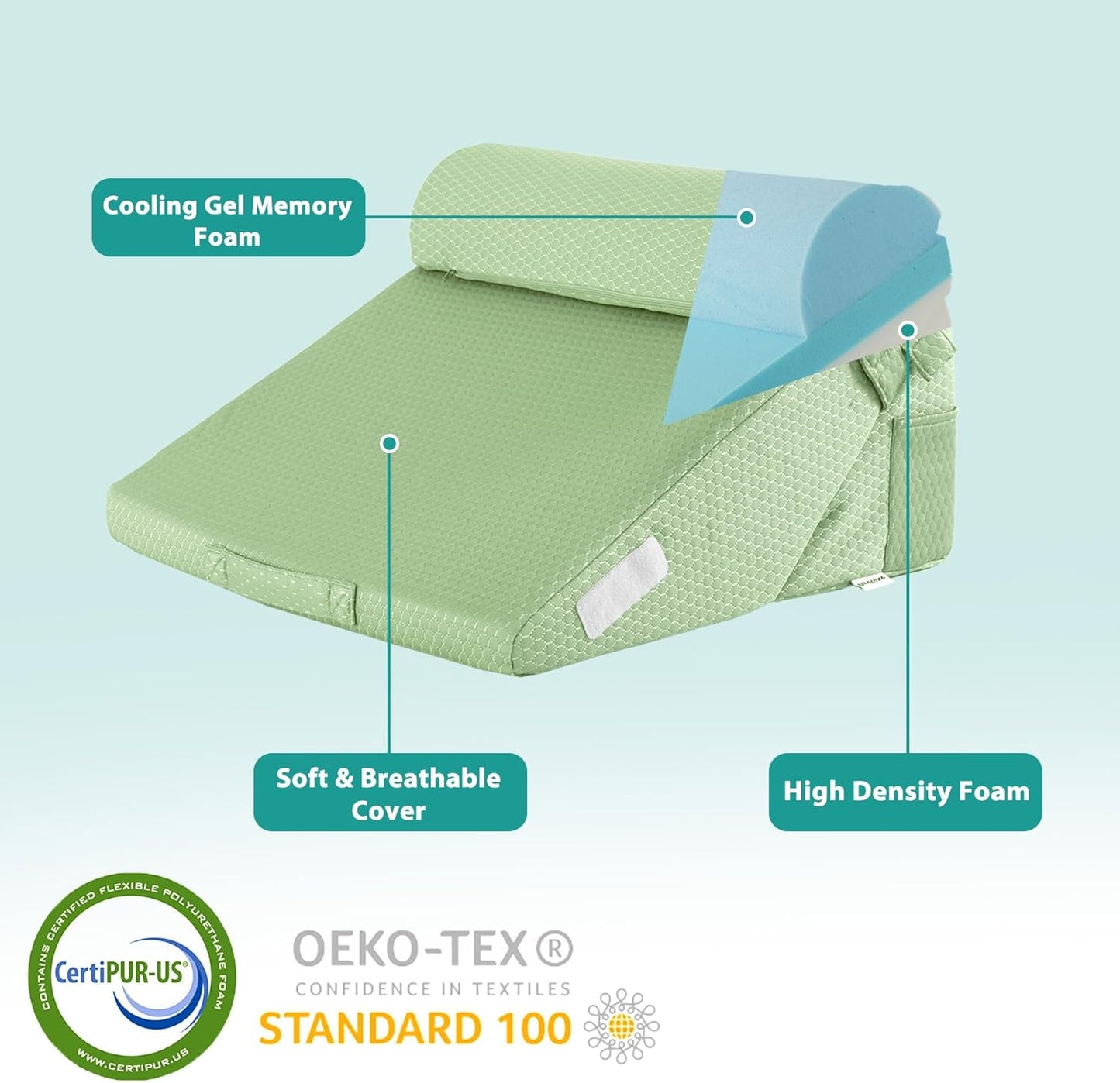 Bedluxe 3Pcs Orthopedic Bed Wedge Pillow Set, Foam Wedge Pillow Post Surgery for Back, Leg and Knee Support, Adjustable 9&12 Inch Folding Triangle Pillow for Sleeping, Acid Reflux, Snoring, Green