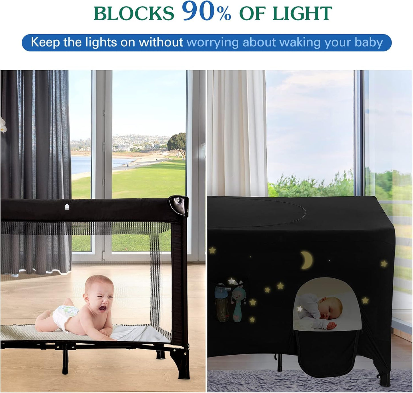 Pack N Play Blackout Cover, Hiaksedt Crib Canopy Cover for Pack and Play, Breathable Blackout Tent for Travel Crib, Portable Stretchy Netting Cover for Indoor Outdoor Travel Playard