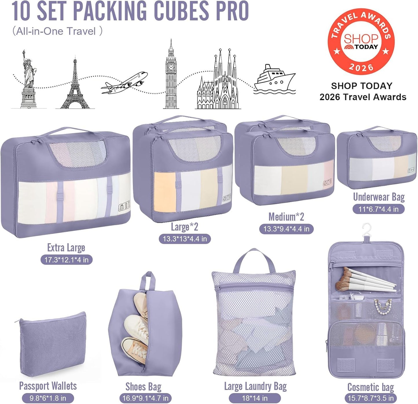 Veken 10 Set Packing Cubes for Travel Essentials, Suitcase Organizer Bags in 4 Sizes, Carry-On Luggage Accessories with Laundry Bag, Airplane Must Have, Gifts for Women Men