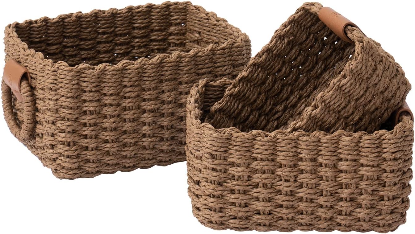 LA JOLIE MUSE Small Wicker Baskets for Organizing, Recycled Paper Rope Storage Basket Container Bins for Shelves Bathroom Cupboards Drawer, Decorative Square Basket Organizer Set of 3