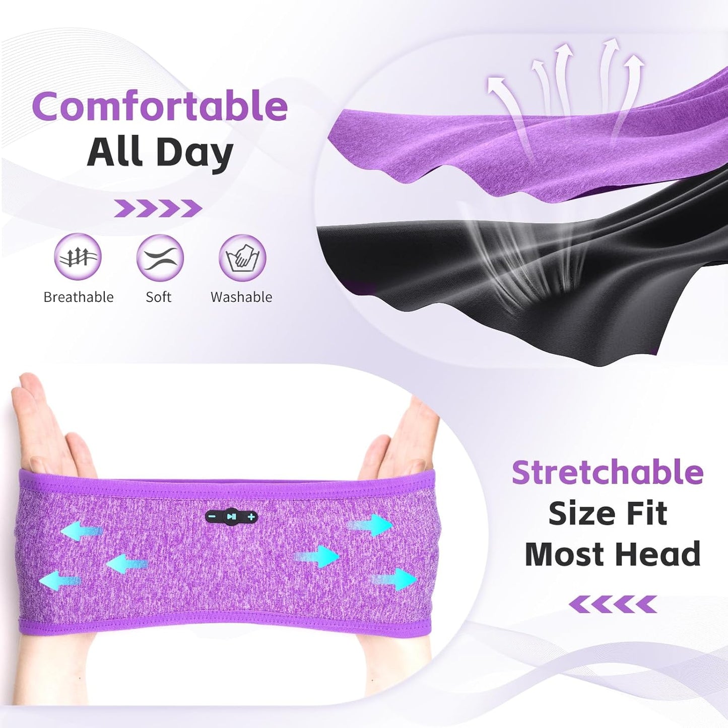 Sleep Headphones Bluetooth 6.0 Headband, 20Hr Headband Headphones with HD Stereo Speakers, Sports Wireless Earphones for Side Sleepers Workout Yoga Travel Meditation, Gifts for Women Men,Purple
