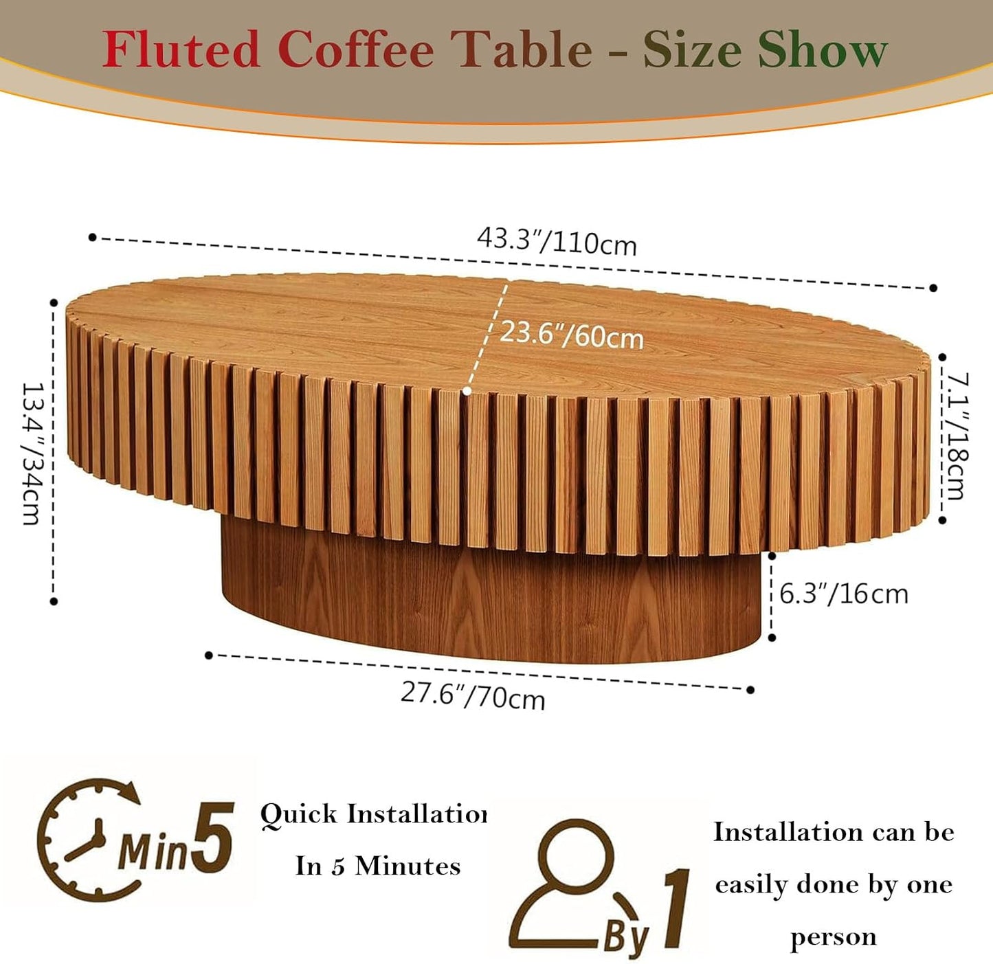 Handcraft Fluted Coffee Table with Sturdy Pedestal (Oval Wood 43.3in) | 43.3" Oval Drum Center Tables | for Living Room Apartment Farmhouse | Easy to Assembly