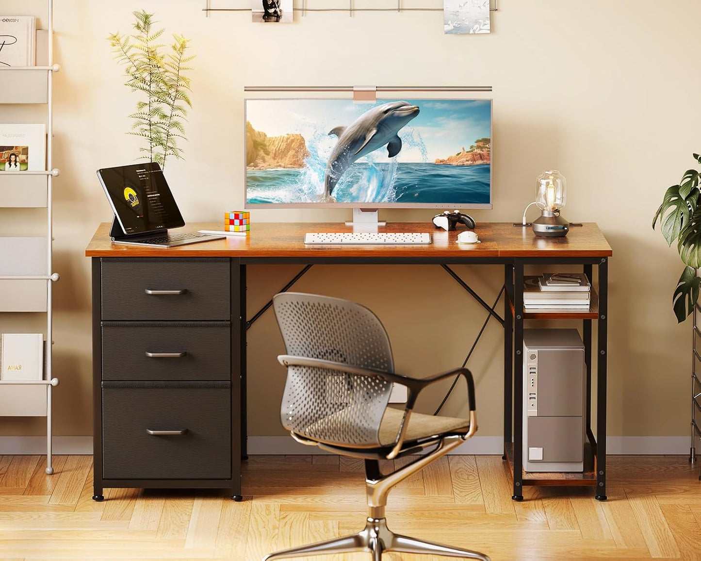 AODK 51 Inch Computer Desk with Fabric Drawers & USB Power Outlets, Reversible Home Office Desk with Storage Shelves, Work from Home, Modern Work/Writing/Study Table for Bedroom, Vintage