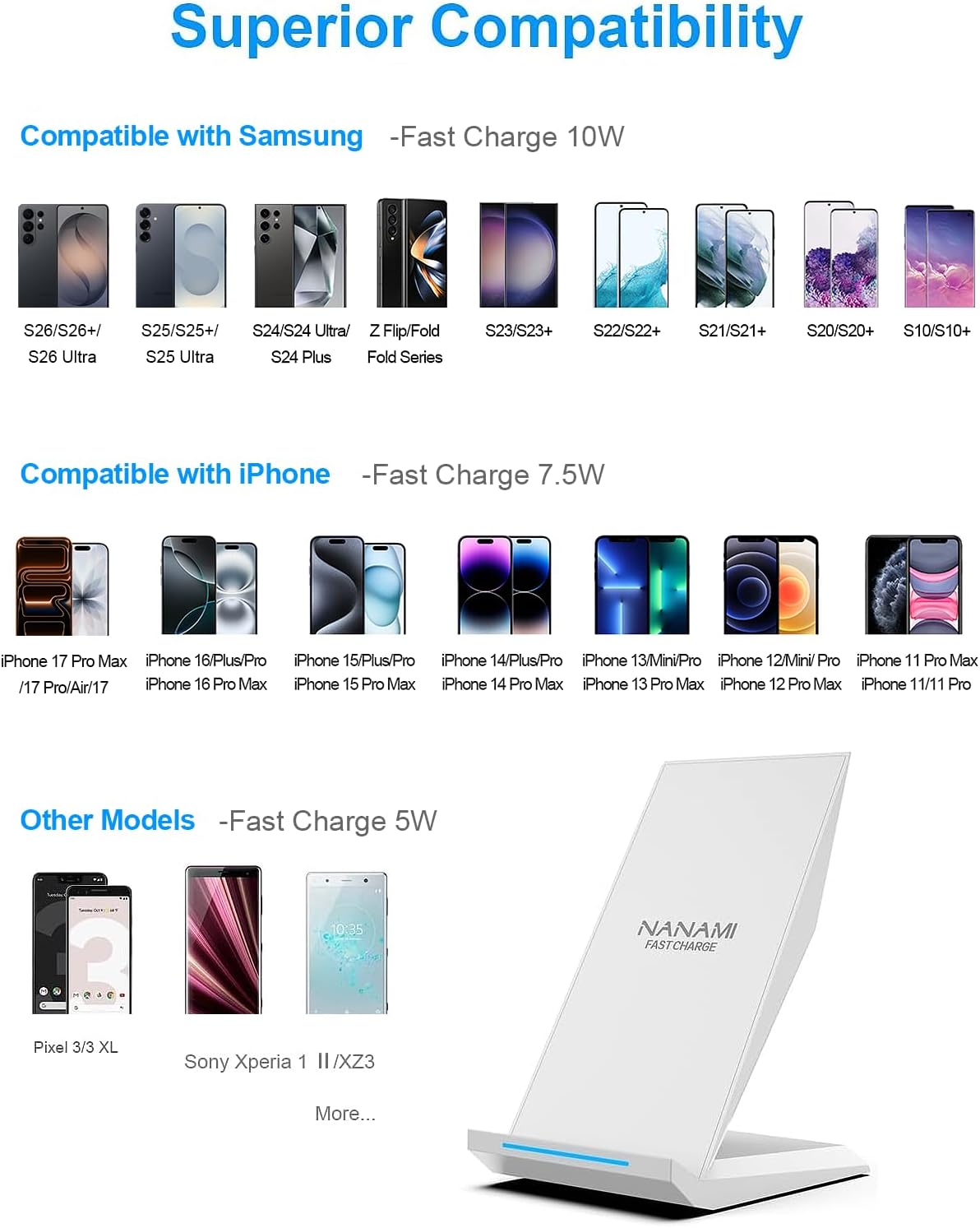 NANAMI Fast Wireless Charger - Charging Stand 7.5W Compatible with iPhone 17/17 Pro/17 Pro Max/16/15/14/13/12, 10W Phone Charger Dock for Samsung Galaxy S26/S26+/S25/S24/S24 Ultra//S23/S22/21