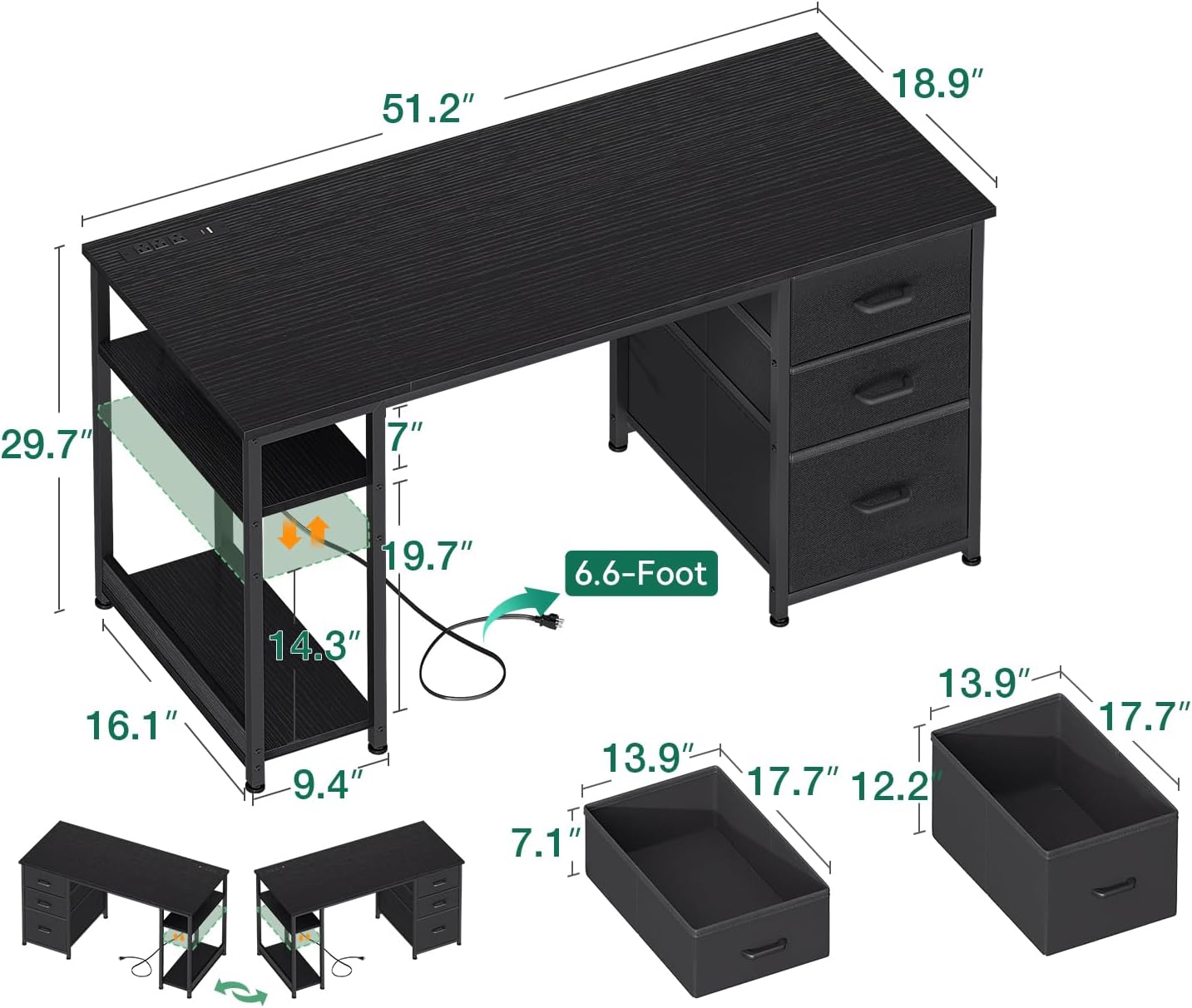 AODK 51 Inch Computer Desk with Fabric Drawers & USB Power Outlets, Reversible Home Office Desk with Storage Shelves, Work from Home, Modern Work/Writing/Study Table for Bedroom, Black