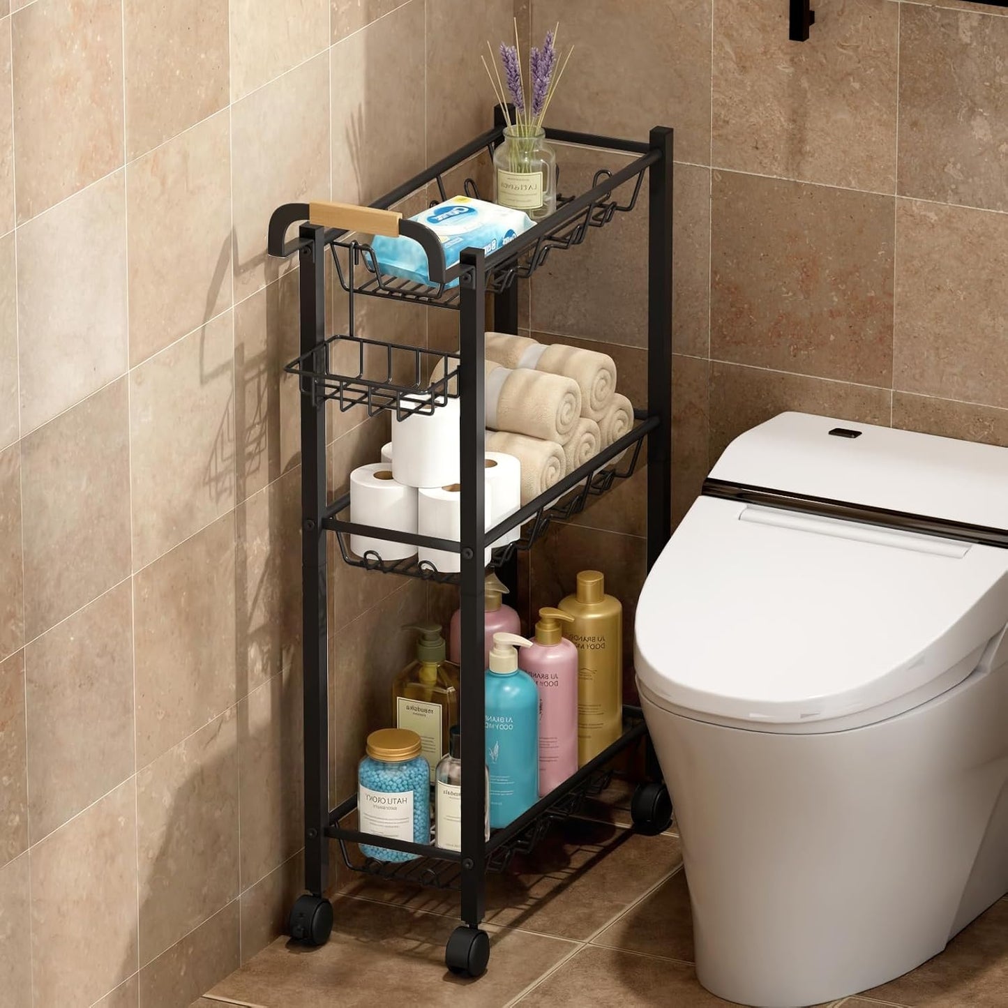 AOODA Laundry Room Cart with Top Detergent Holder, Metal Rolling Storage Cart Between Washer and Dryer, 3 Tier Narrow Laundry Room Organization and Storage with Wheels (Pure Black)