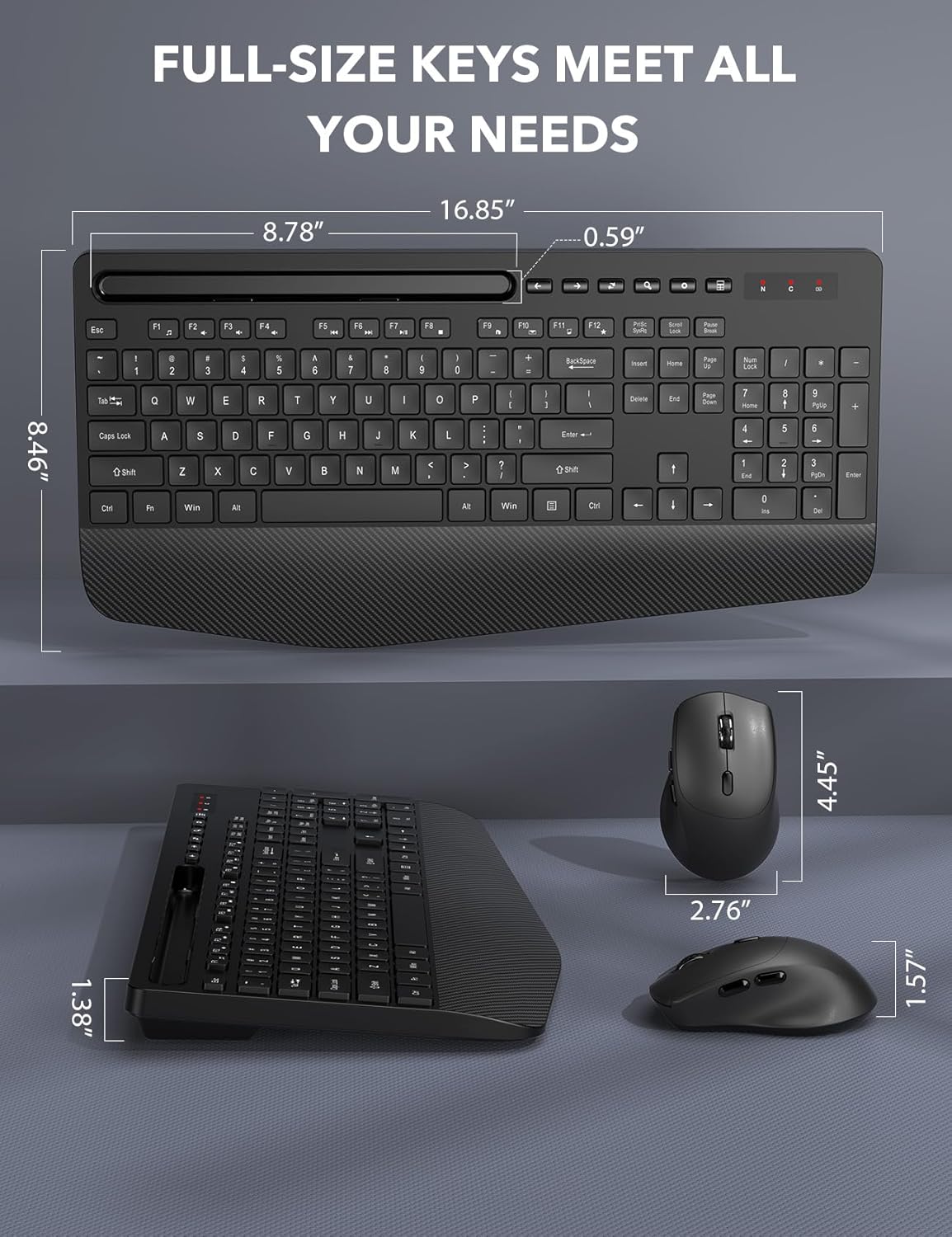 Wireless Keyboard and Mouse Combo - Full-Sized Ergonomic Keyboard with Wrist Rest, Phone Holder, Sleep Mode, 2.4G Quiet Keyboard for PC Laptop, Complete Work Setup for Office or Home -Trueque KM23