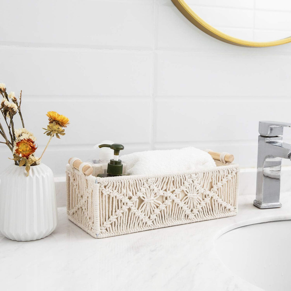 Mkono 2Pc Macrame Storage Basket, Boho Decor Toilet Paper Holder, Ivory