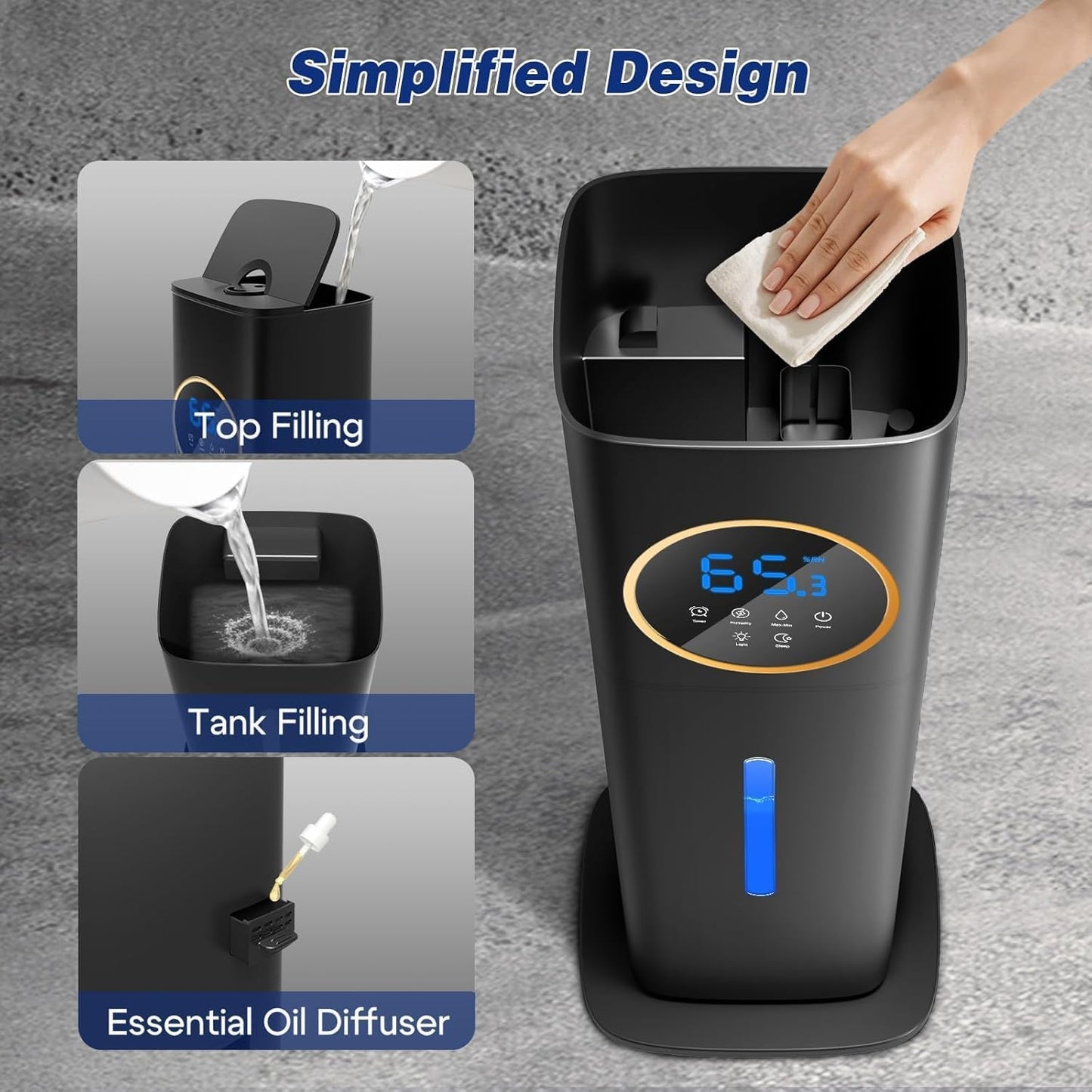 LACIDOLL Humidifiers for Bedroom, 2.1Gal/8L Humidifier large room with Essential Oil Diffuser, Top Fill Whole House Cool Mist Humidifiers for Plants Baby Kids Adults(Black)