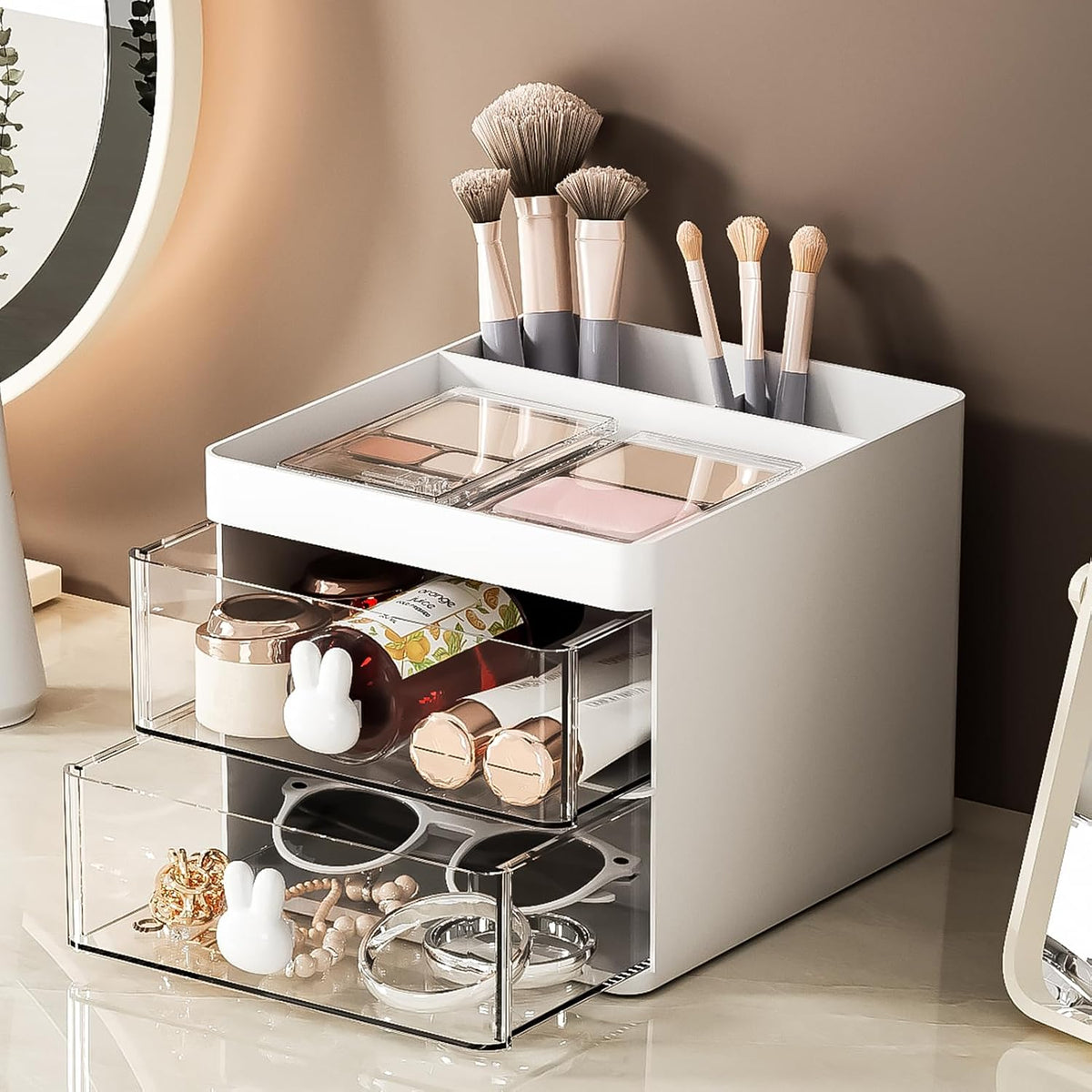 Marbrasse Small Desk Organizer with Drawer, Multi-Functional Pen Pencil Holder Storage Box, Desk Organizers and Accessories with 3 Compartments + 2 Drawer for Office Art Supplies(White)