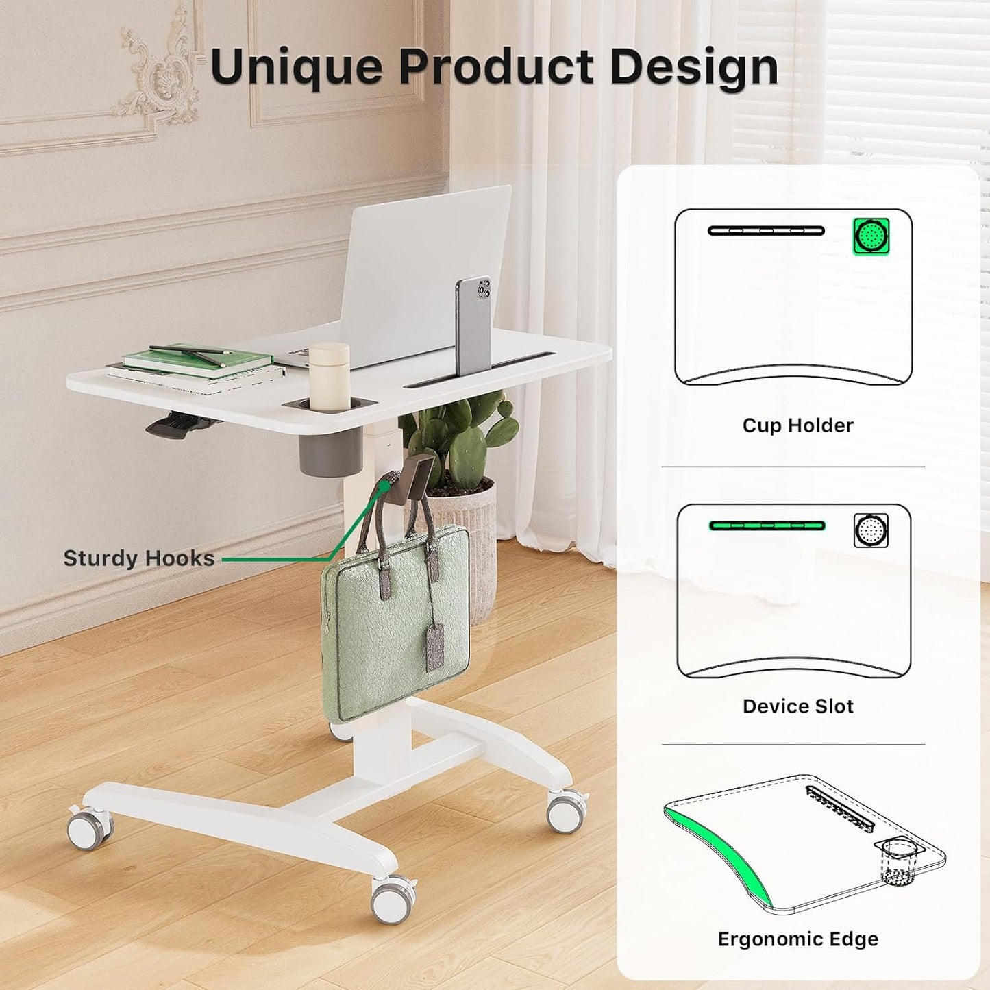 Gibbon Mounts Mobile Standing Desk, Height Adjustable Rolling Laptop Desk, 27 inches Portable Sit Stand Desk with Wheels and Hook, Pneumatic Computer Table, White