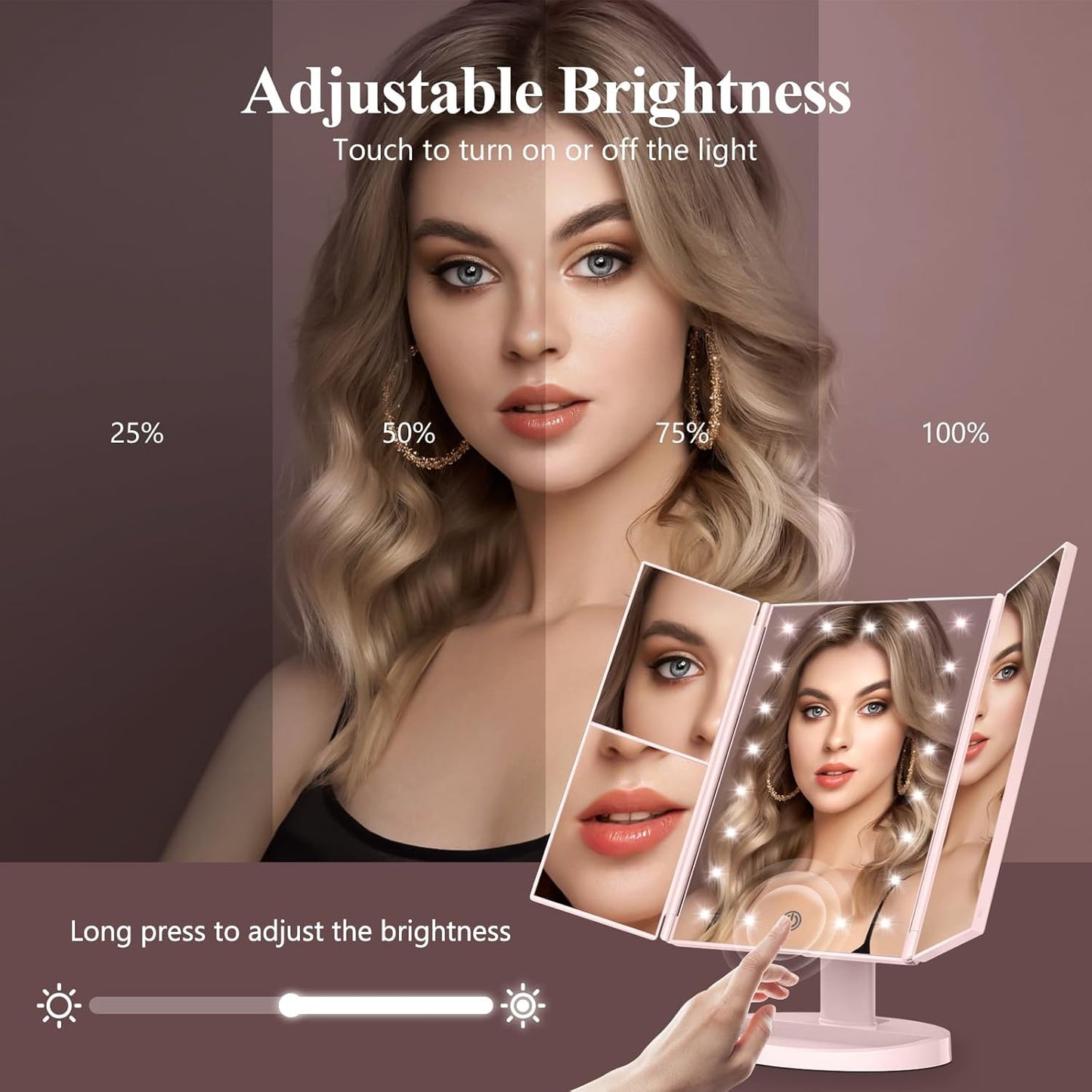 HUONUL Makeup Mirror, Vanity Mirror with Lights, 2X/3X/10X Magnification, Touch Control, Trifold, Dual Power Supply, Birthday Gifts for Women, Wife, Mom, Girls,Dorm Room Essentials