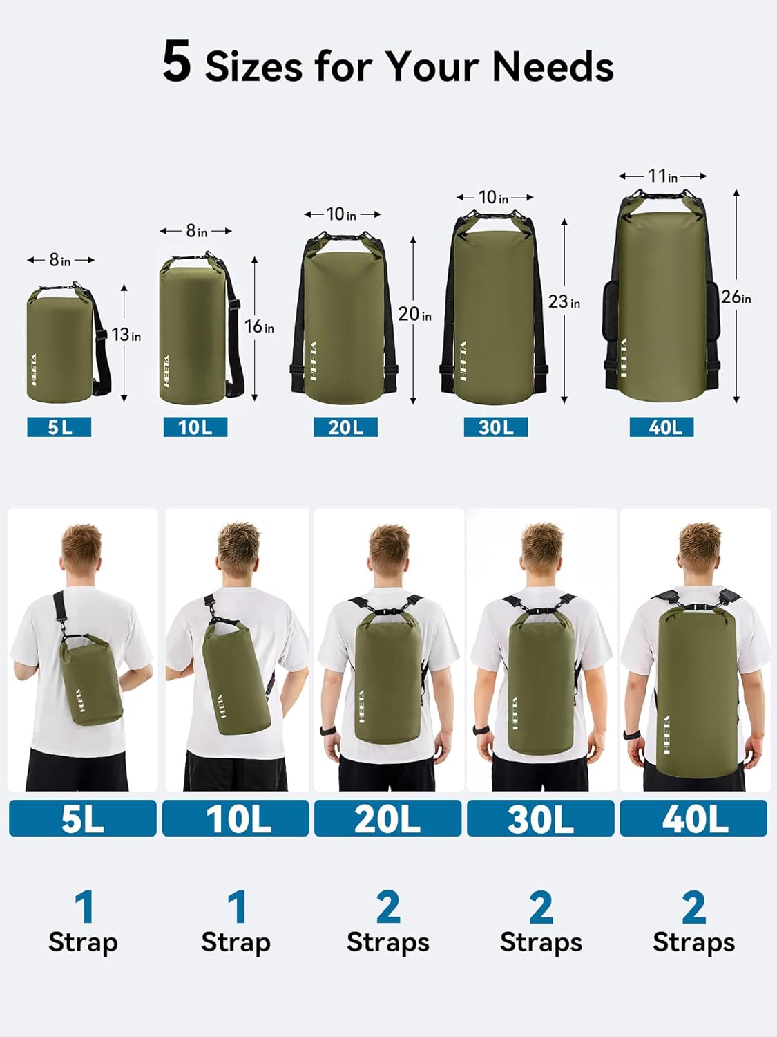 HEETA Waterproof Dry Bag for Women Men, 5L/10L/20L/30L/40L Roll Top Lightweight Dry Storage Bag Backpack with Emergency Whistle for Travel, Kayaking, Boating, Camping, Beach, Cruise Ship Essentials