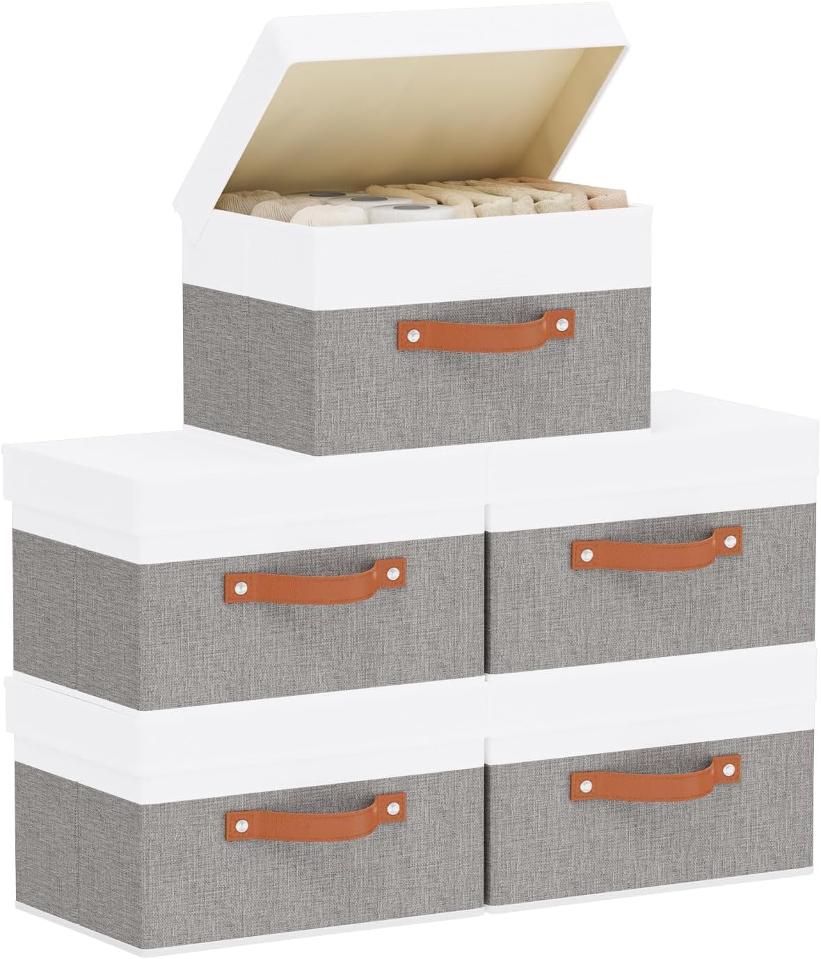 Storage Baskets with Lids, Closet Organizer Boxes, Foldable Shelves Storage Bins with Handles, White and Grey, 3 Pack, 13 x 9.1 x 7.9 Inch