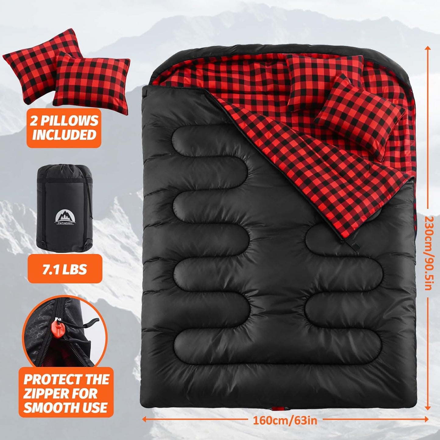 Swtmerry Double Sleeping Bag for Adults with 2 Pillows, Big&Tall XL Queen Size Sleeping Bag for 2 Person, Waterproof 2 Person Sleeping Bags for 3 Seasons,Cold Weather&Warm,Camping,Hiking & Backpacking