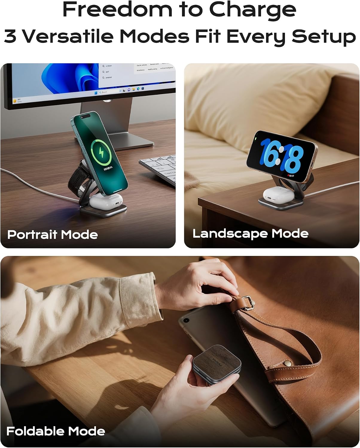 KU XIU Qi2.2 25W Magnetic Wireless Charger, Foldable 3 in 1 Travel Charging Station for iPhone 17/16/15/14/13/12, 5W for Apple Watch & AirPods, Aluminum Alloy Design, with 45W GaN Adapter, Wood Grain