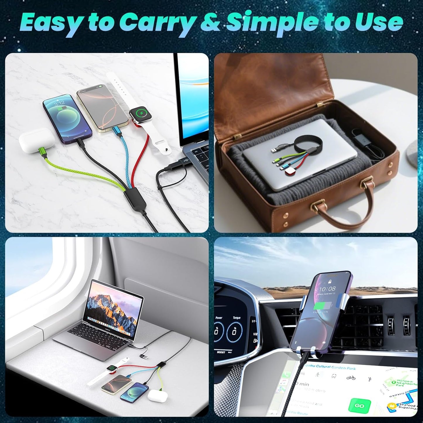 Travel Essentials 2026 4-in-2 Multi Charging Cable with iWatch Charger [2Pack 5FT], Nylon Charging Cords, USB C USB A Phone Charger for Multiple Devices, Cruise Essentials Car Accessories