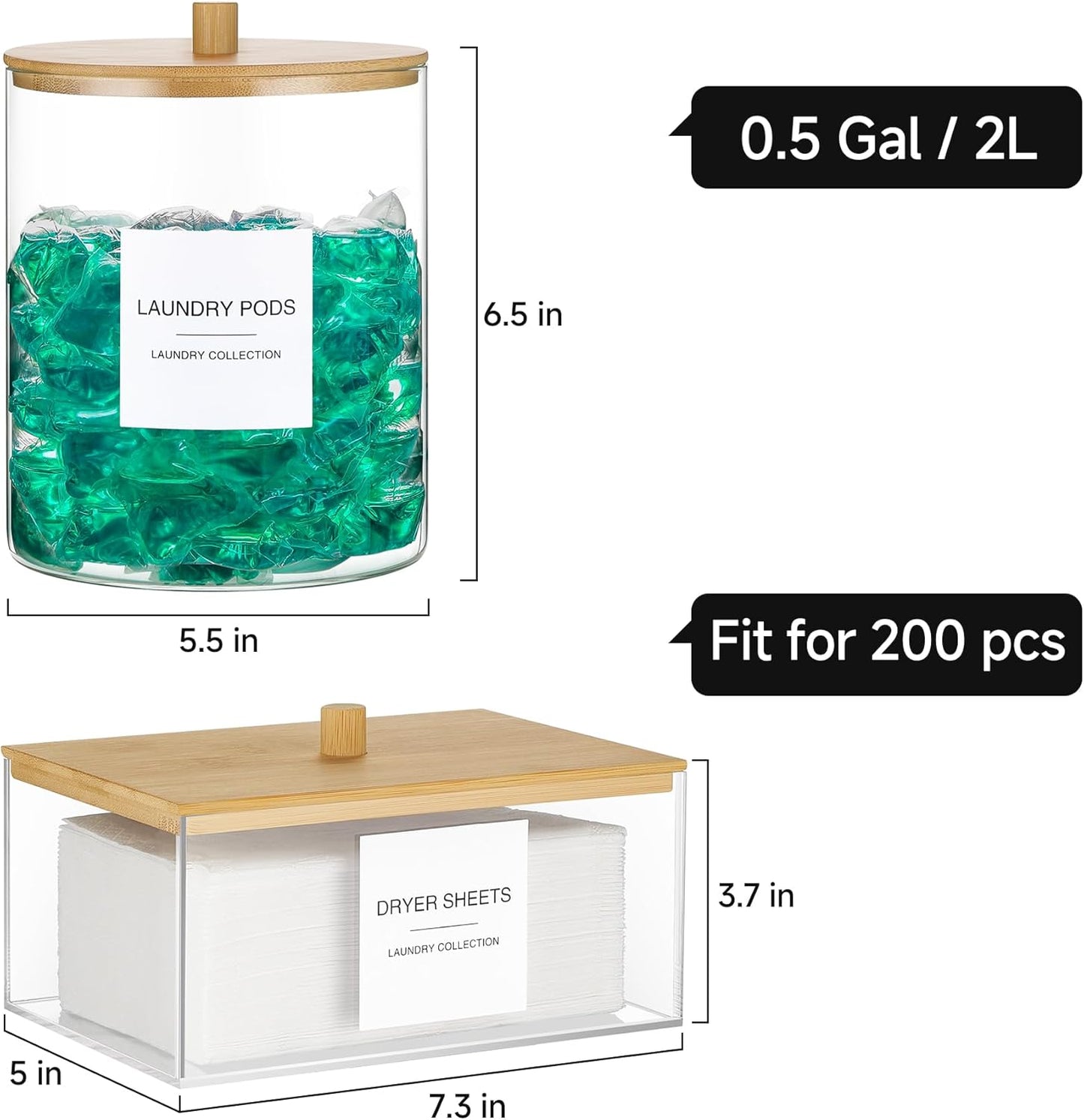 TIPGO Glass Jars and Acrylic Dryer Sheet Holder, Laundry Pods Container with Bamboo Lid and 27 Labels, Powder Detergent Containers for Laundry Room Organization, Storage Jars Set (3 Pack)