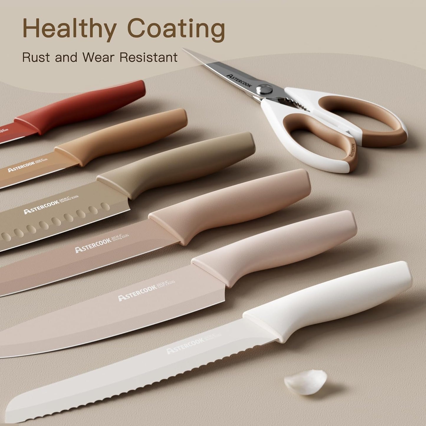 Astercook Knife Set, 13 Pieces Kitchen Knives Set with Healthy Anti-Rust Coating, Dishwasher Safe, Stainless Steel Chef Knife Sets with 6 Blade Guards, Fathers Day Gift for Men