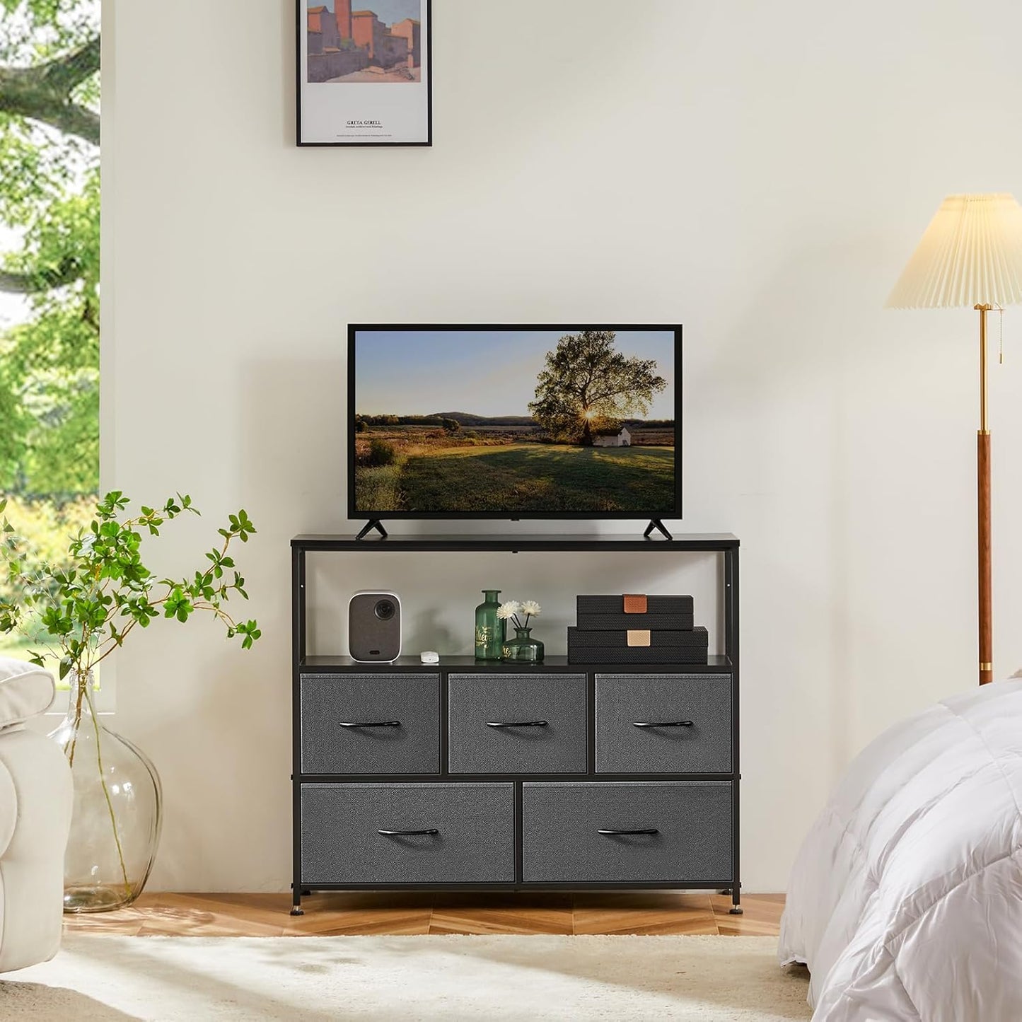 DUMOS TV Stand, Dresser with 5 Fabric Storage Drawers, Media Console Featuring Open Shelf for TV, Compact Entertainment Unit for Bedroom, Living Space, or Dorm Organization, Grey