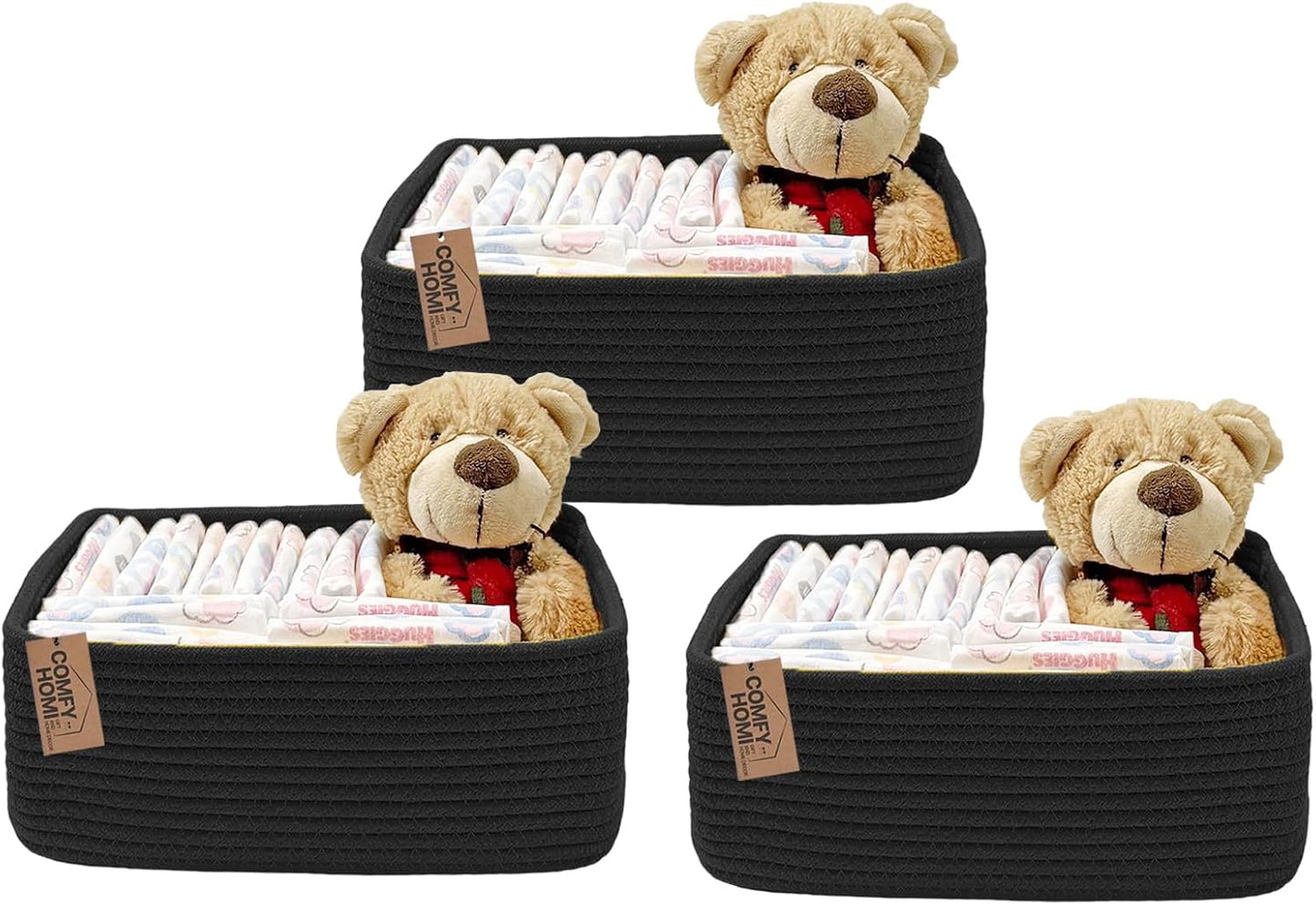 COMFY-HOMI 13" x 8.5" x 5.1" Storage Baskets for Organizing | Cotton Rope Woven Basket | Toy Storage Bin Box | Basket for Shelves, Closet Organizer Bin, Decorative Closet Shelf, 3 Pack