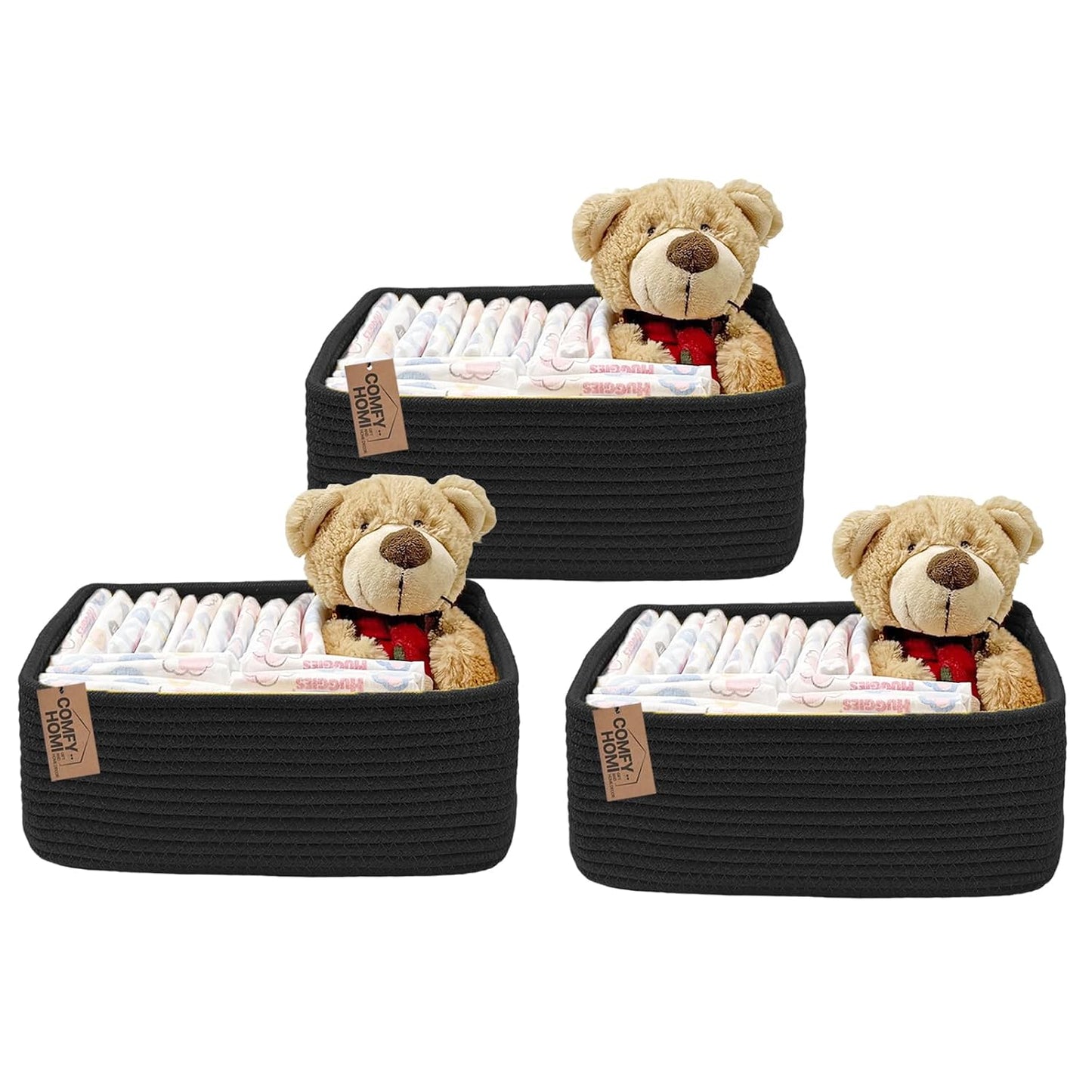 COMFY HOMI 11.5"x7.5"x4.7" Storage Baskets for Organizing | Cotton Rope Woven Basket | Toy Storage Bin Box | Basket for Shelves, Closet Organizer Bin, Decorative Closet Shelf, 3 Pack,
