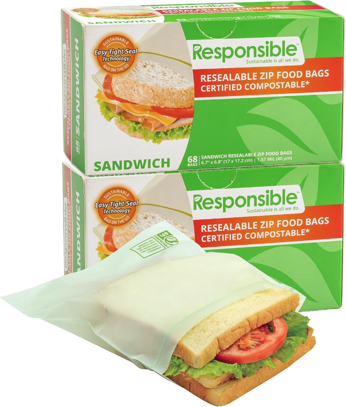 Responsible Products Certified Compostable SNACK Resealable Zip Bag, Extra Strength Food Bags, Plant-Based Freezer-Safe (40 Pack)