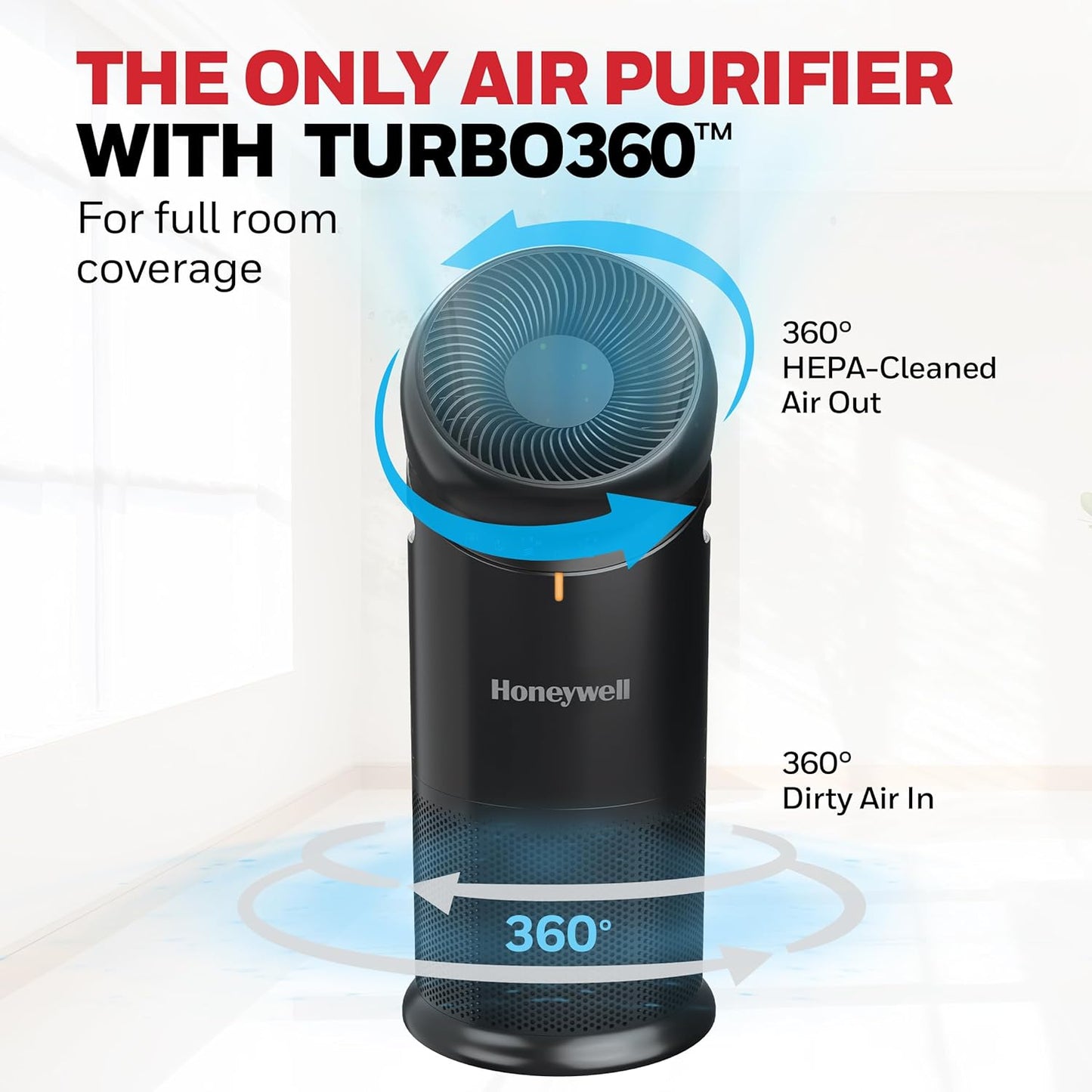 Honeywell Allergen Plus™ 3-in-1 HEPA Air Purifier, Standing Fan & Air Circulator, 1928 Ft² Rooms in 1 Hour, Quality Sensor, Sleep Mode, Reduces Allergens, Pet Dander, and Odors, Black, HPA6000B