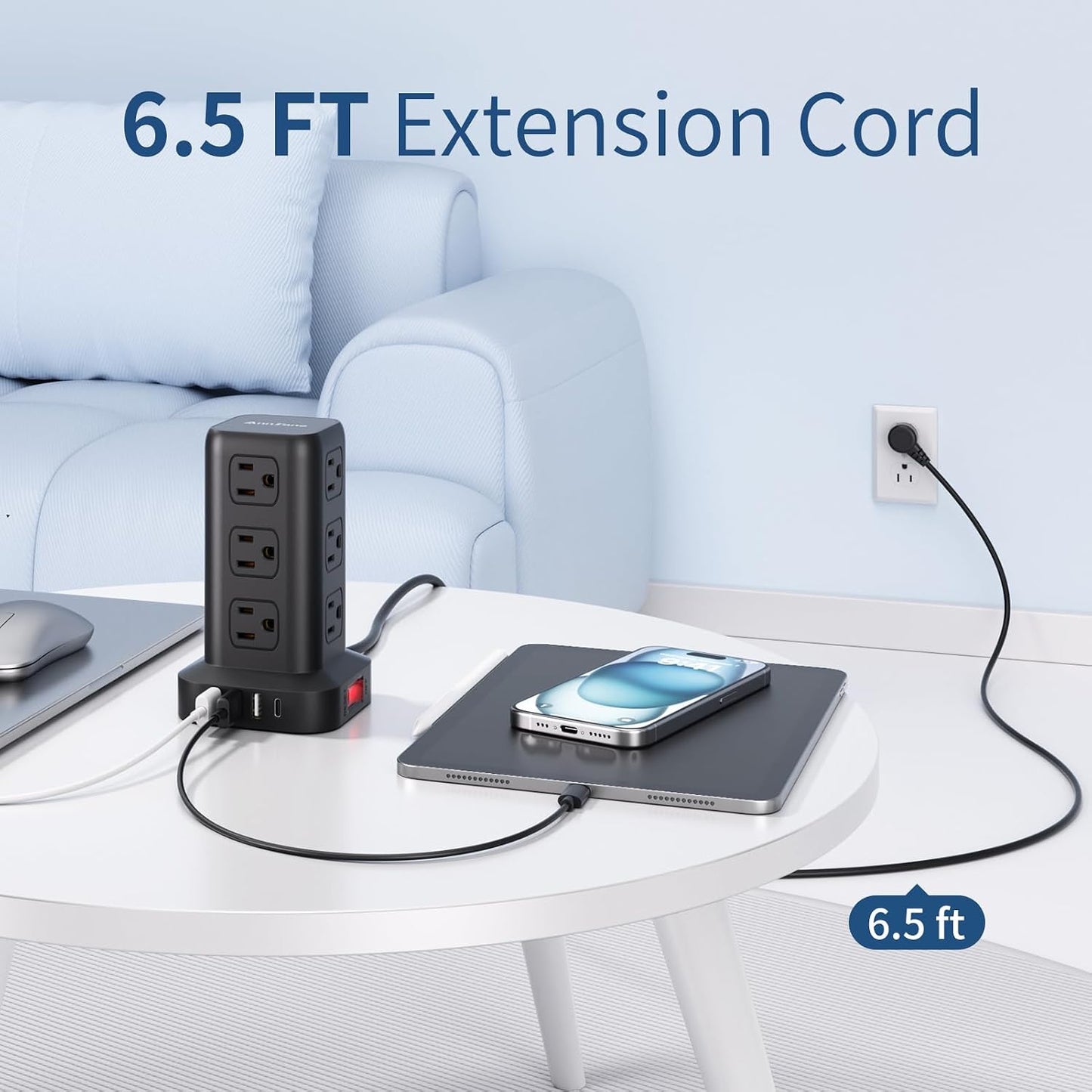 AnnTane Power Strip 6.5 FT Cord, Power Strip Tower with 4 USB Ports (1USB C), Extension Cord with 12 AC Multiple Outlets, Home Office Supplies Desk Accessories, Dorm Room Essentials
