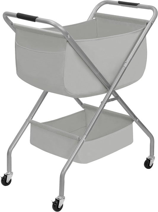 STORAGE MANIAC Collapsible Laundry Cart with Wheels 31.5"H Rolling Laundry Hamper Clothes Basket with Wheels, Canvas Liner Sturdy Steel Frame Folding for Small Narrow Space Easy Storage, Grey