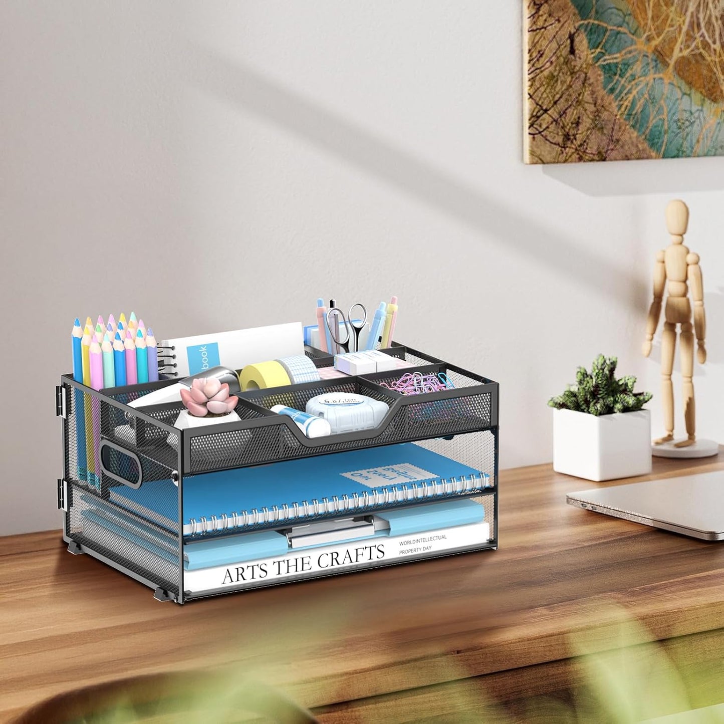 Daltack 3-Tier Desk Organizer with Handle, Mesh Paper Organizer with Pen Holders & Adjustable Compartments & A4/Letter Paper Trays for Home Office Supplies, Black