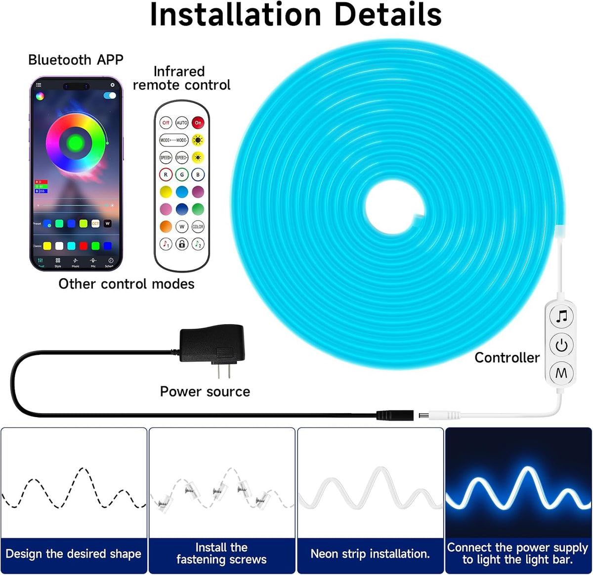 KANTUTOE LED Neon Rope Lights, 32.8ft RGB LED Light Strip, 24V Music Sync App/Remote Control DIY Rope Light, IP67 Waterproof Gaming Neon Strip Lights for Bedroom Indoor Oudoor Décor