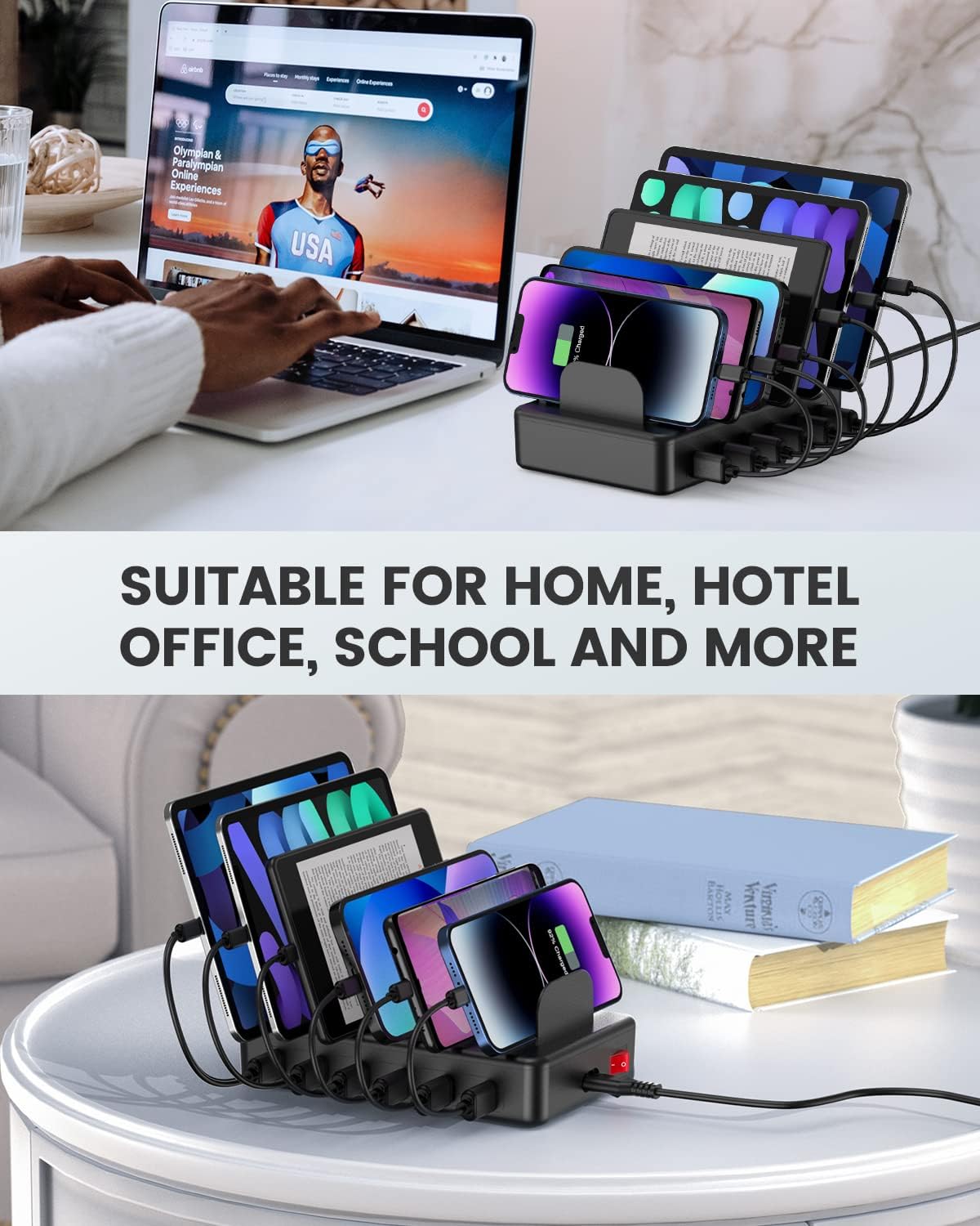 50W 6 Ports Multi Charger Station, USB Charging Dock for Multiple Devices | with 6 Cables, 1 USB-A to USB-C Adapter Converter, Compatible with Cellphone iPad Kindle Tablet and Other Electronic Devices