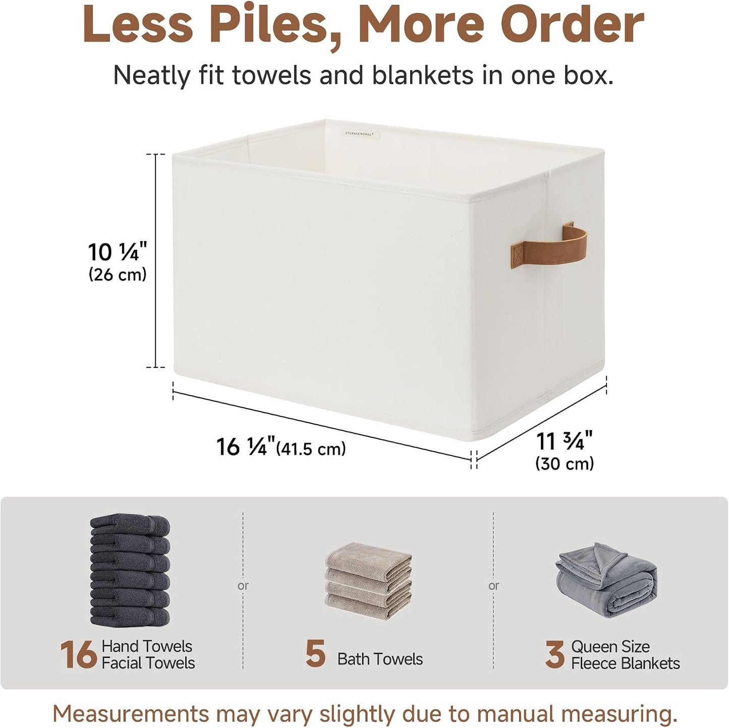 StorageWorks Closet Storage Bins with PU Handles, Ivory White, Extra Large | Foldable Storage Bins with PU Handles, Closet Storage Baskets, Fabric Bins for Clothes Storage