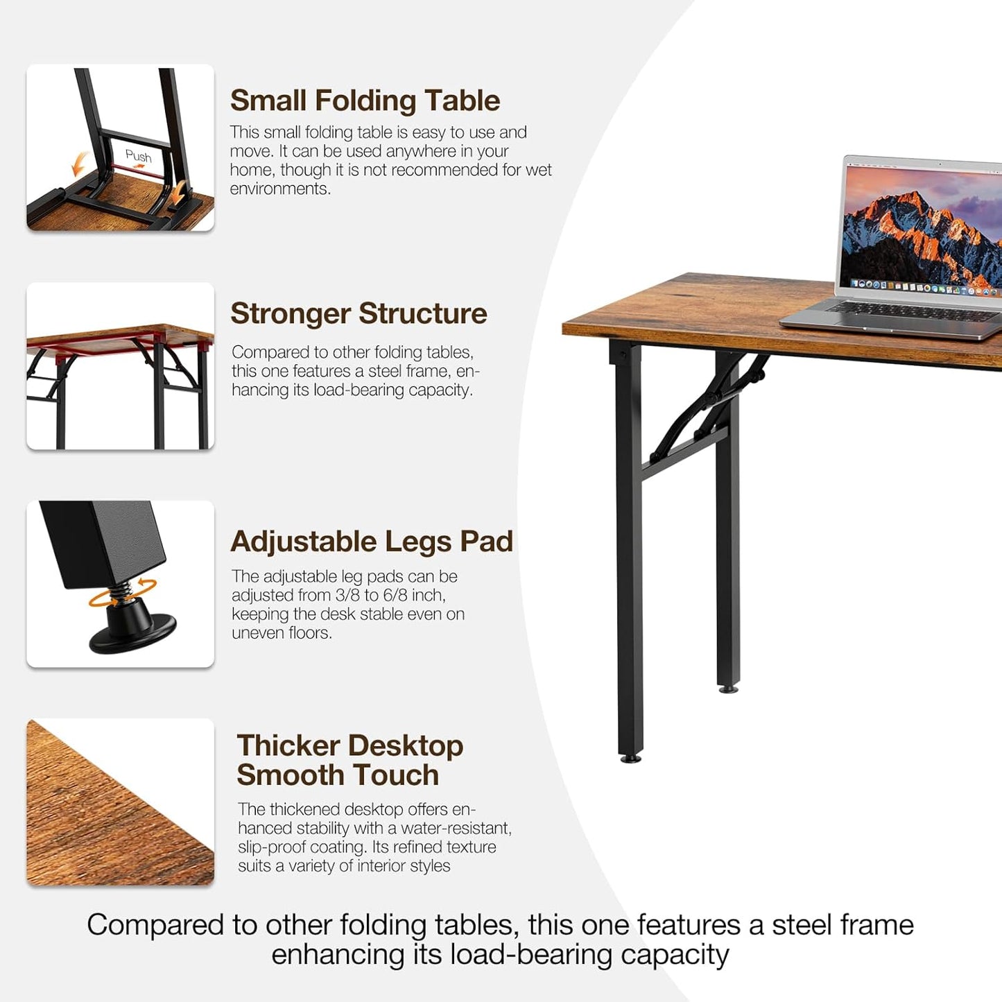TEMI Small Computer Desk Folding Table - 35.8" Foldable Office Desk, No Assembly, Perfect for Small Spaces in Bedroom, Dorm, or Apartment, Portable Mini Desk or Study Table with Compact Design, Brown
