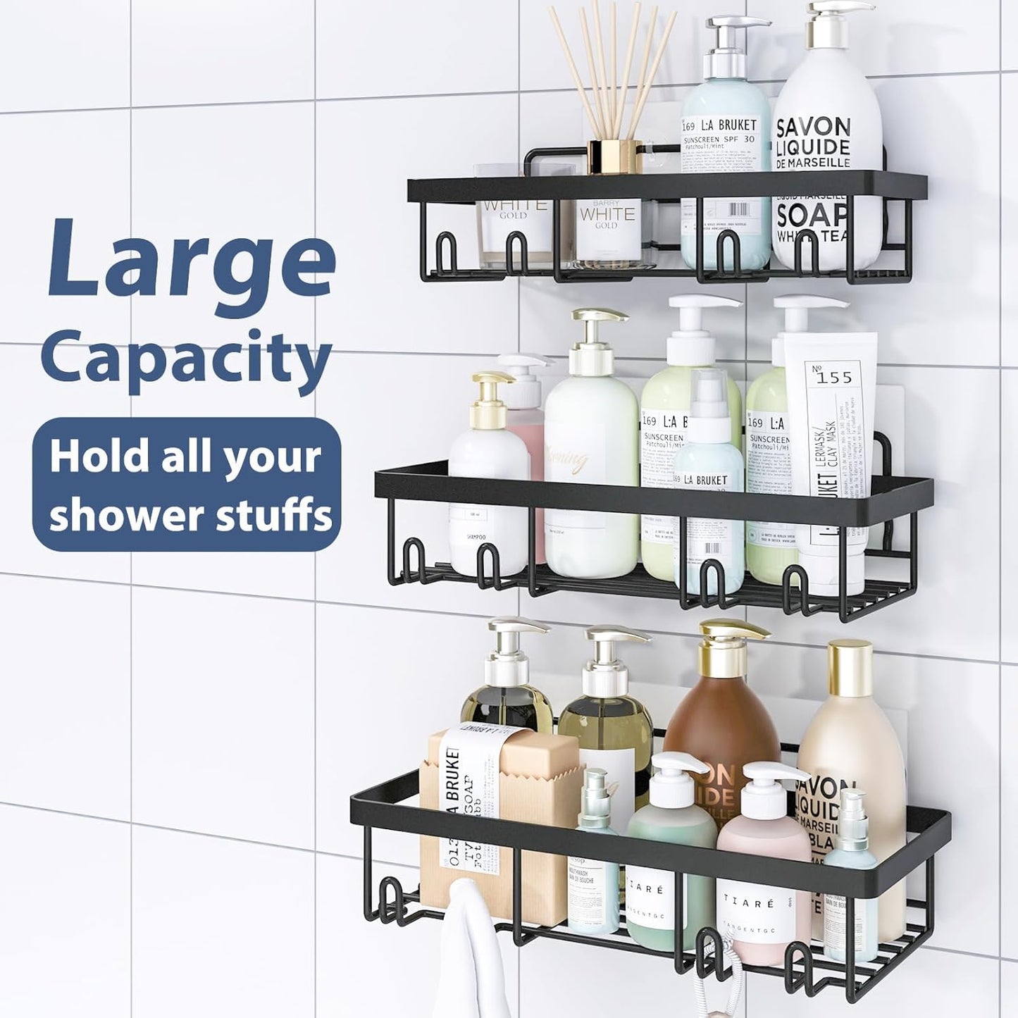 Liuoud 5 Pack Shower Caddy Organizer Rack Shelf for Inside Shower, Adhesive Bathroom Wall Storage Basket Rustproof Stainless Steel Shampoo Holder, Bathroom Accessory Decor Set, Black.